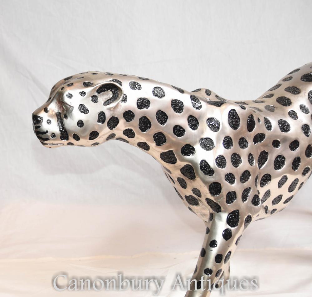 Art Deco Bronze Cheetah Cat - Large Silver Plate Statue For Sale 2