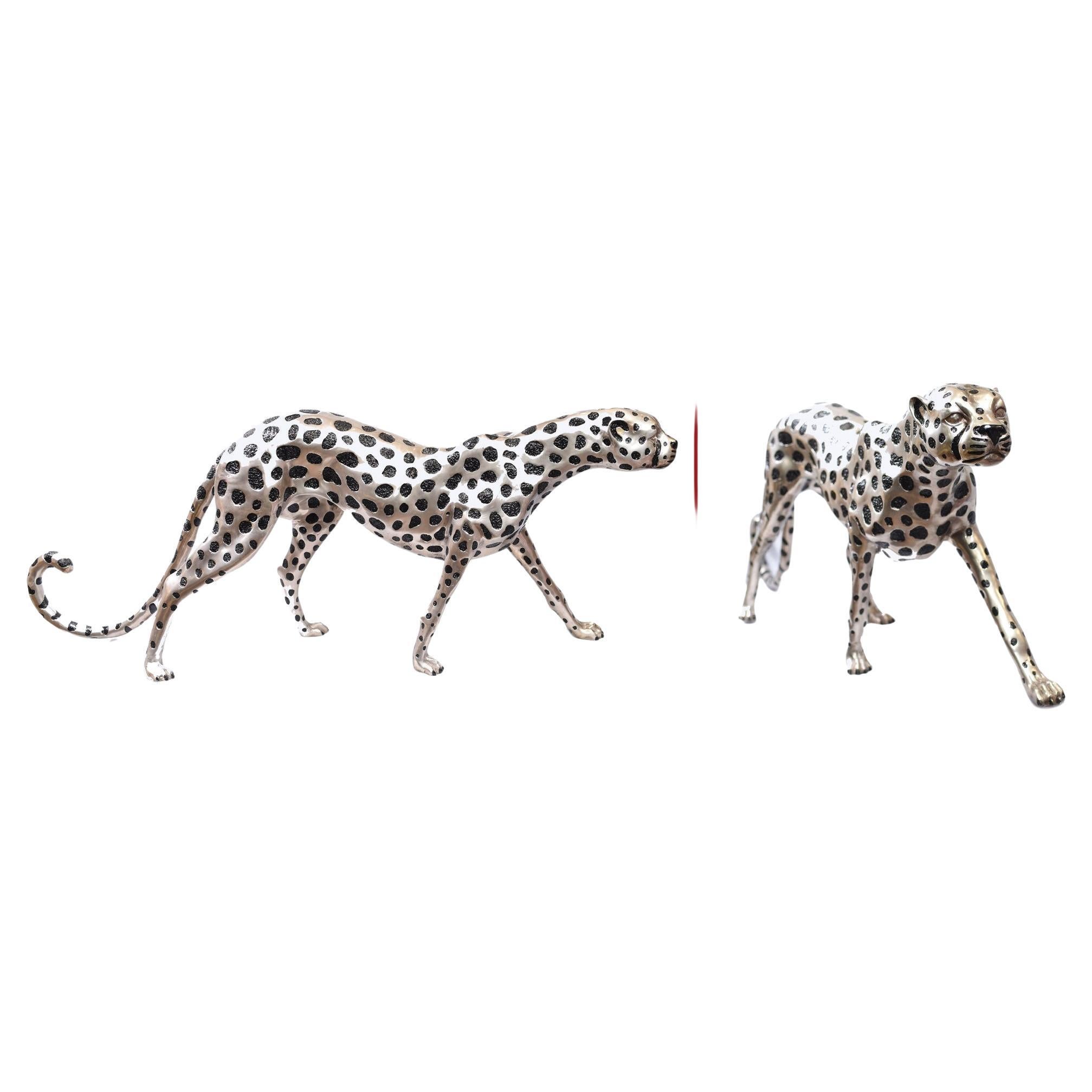 Art Deco Bronze Cheetah Cat - Large Silver Plate Statue