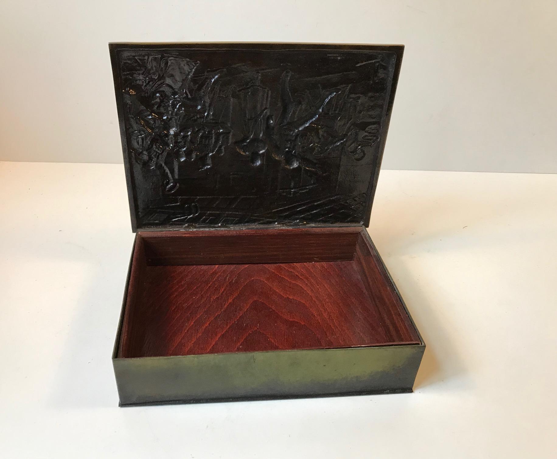 Danish Art Deco Bronze Cigar Box with Medieval Theme by Holger Fridericias, 1930s
