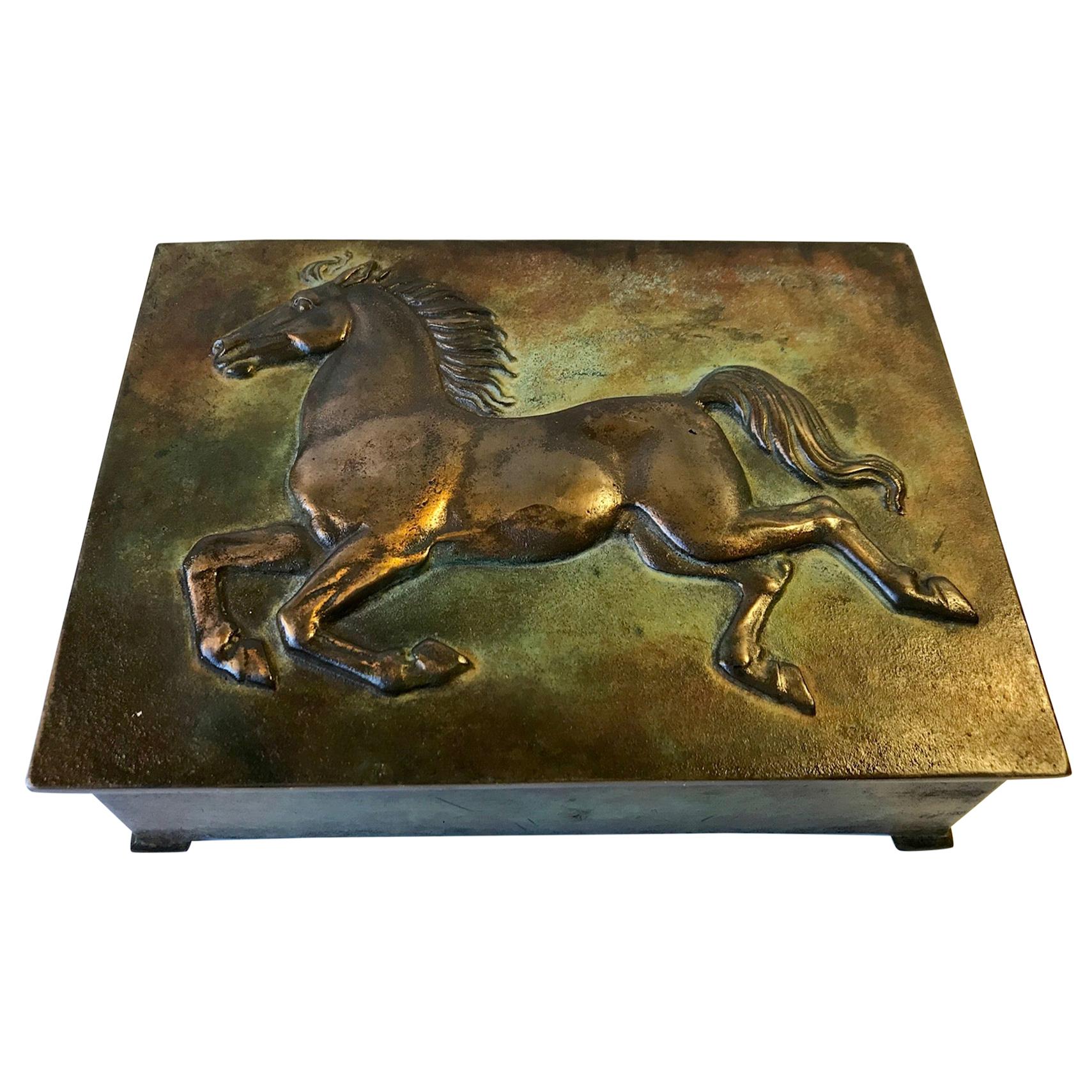 Art Deco Bronze Cigar Box with Stallion, Denmark, 1930s