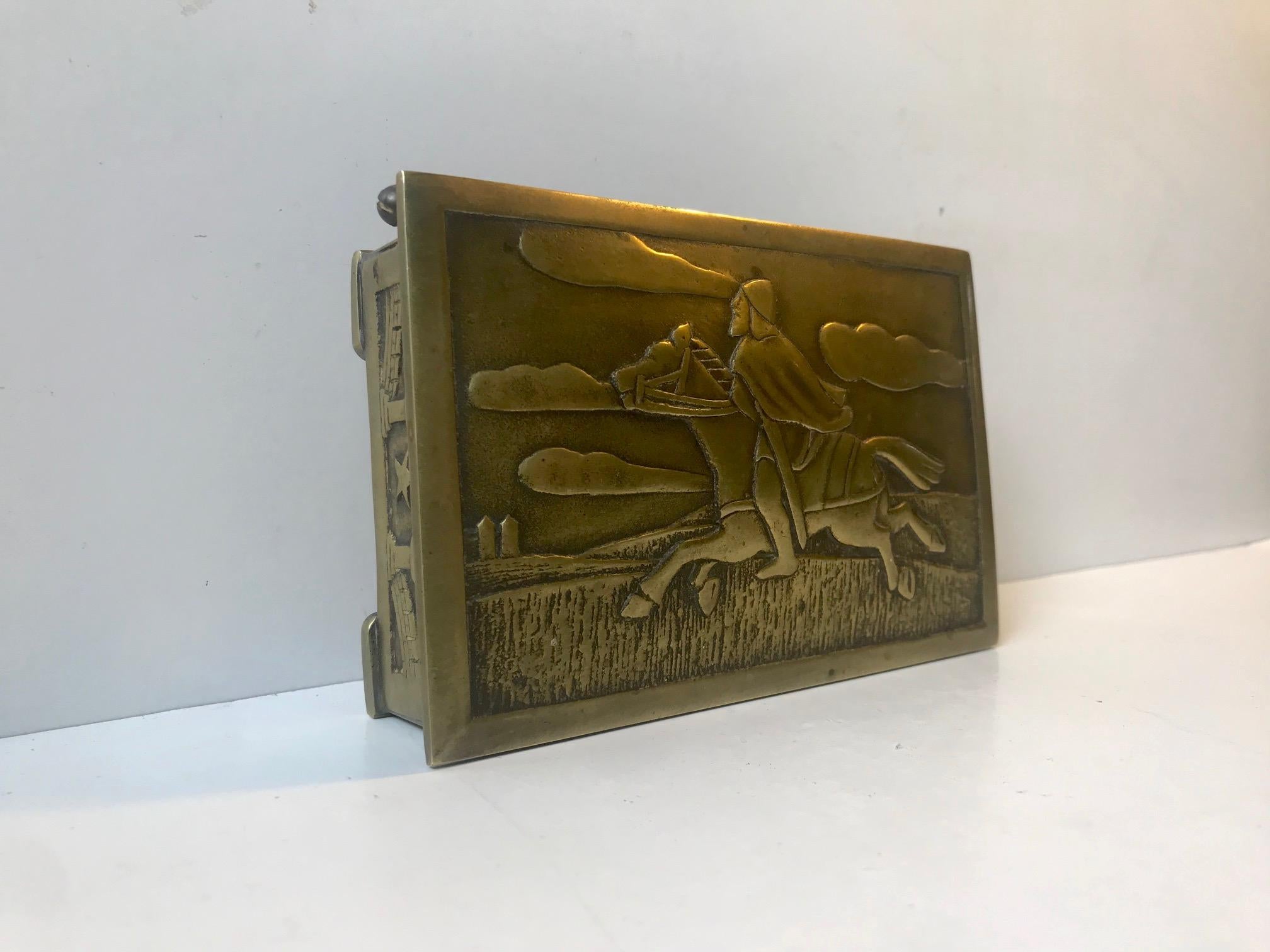 Danois Boîte à cigarettes Art Déco en bronze avec soldat par N. Dam Ravn, Danemark, années 1930 en vente