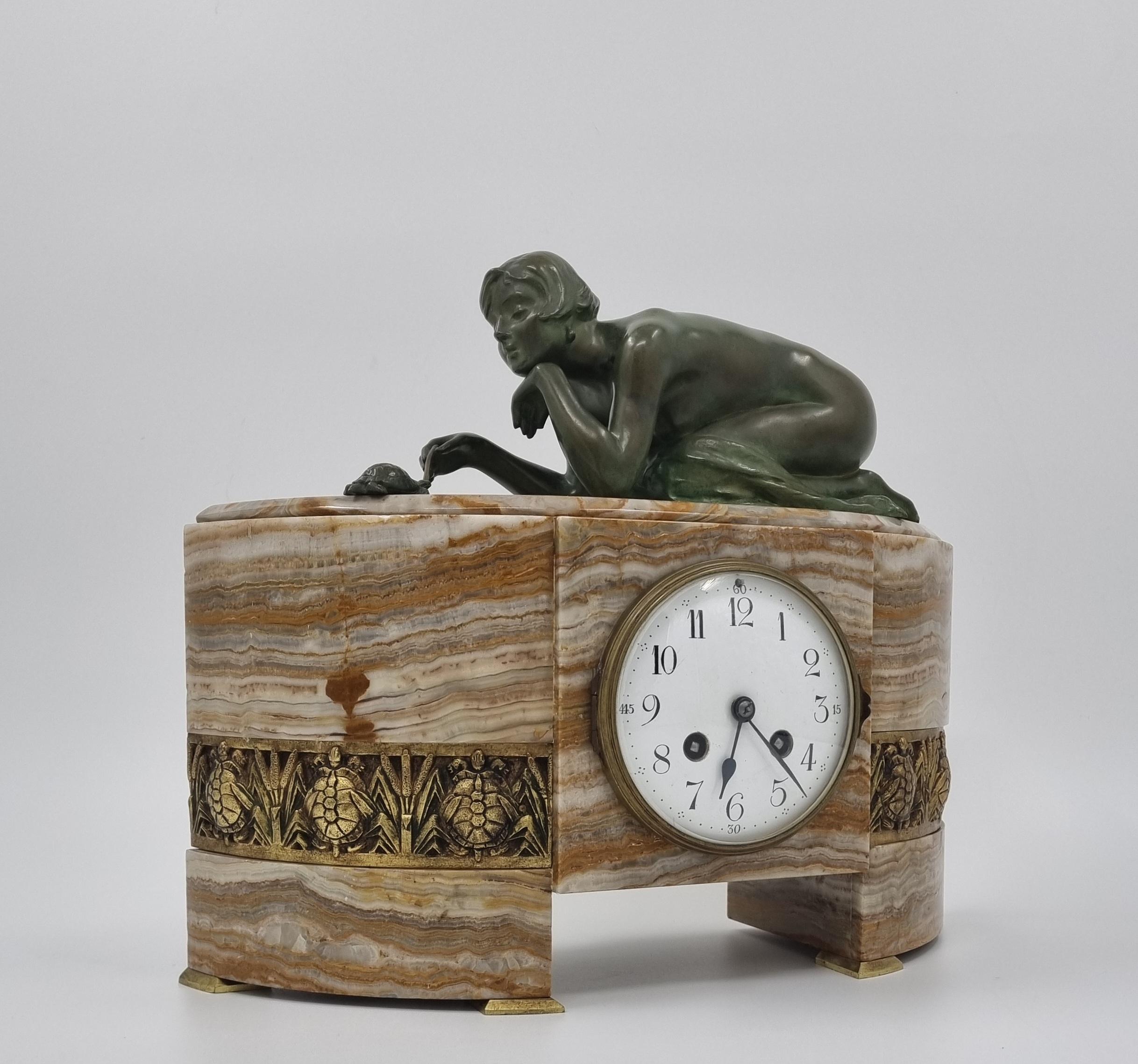 Early 20th Century Art Deco Bronze Clock Garniture Set 