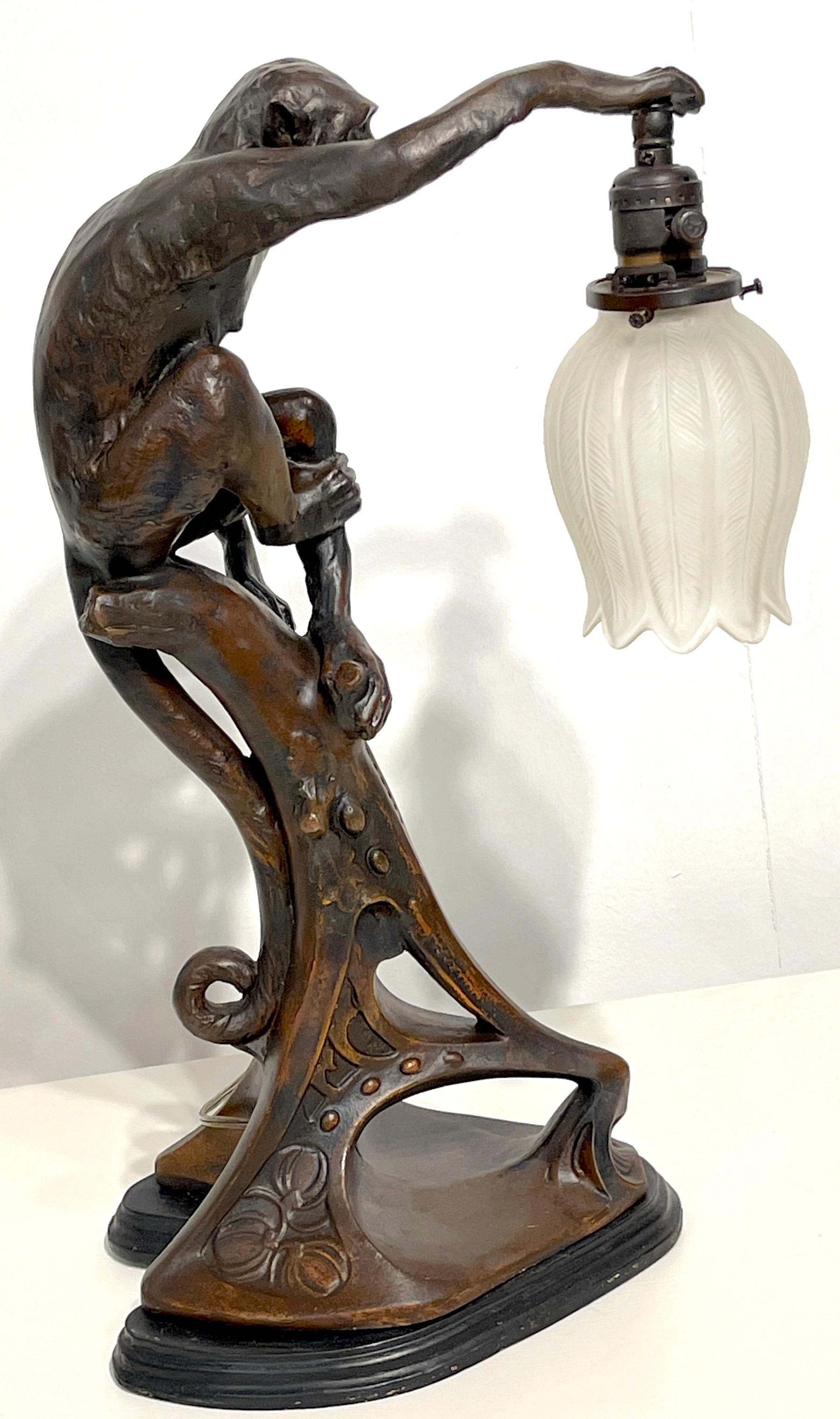 Austrian Art Deco Bronze Clad Monkey Motif Table Lamp, Austria, C. 1925