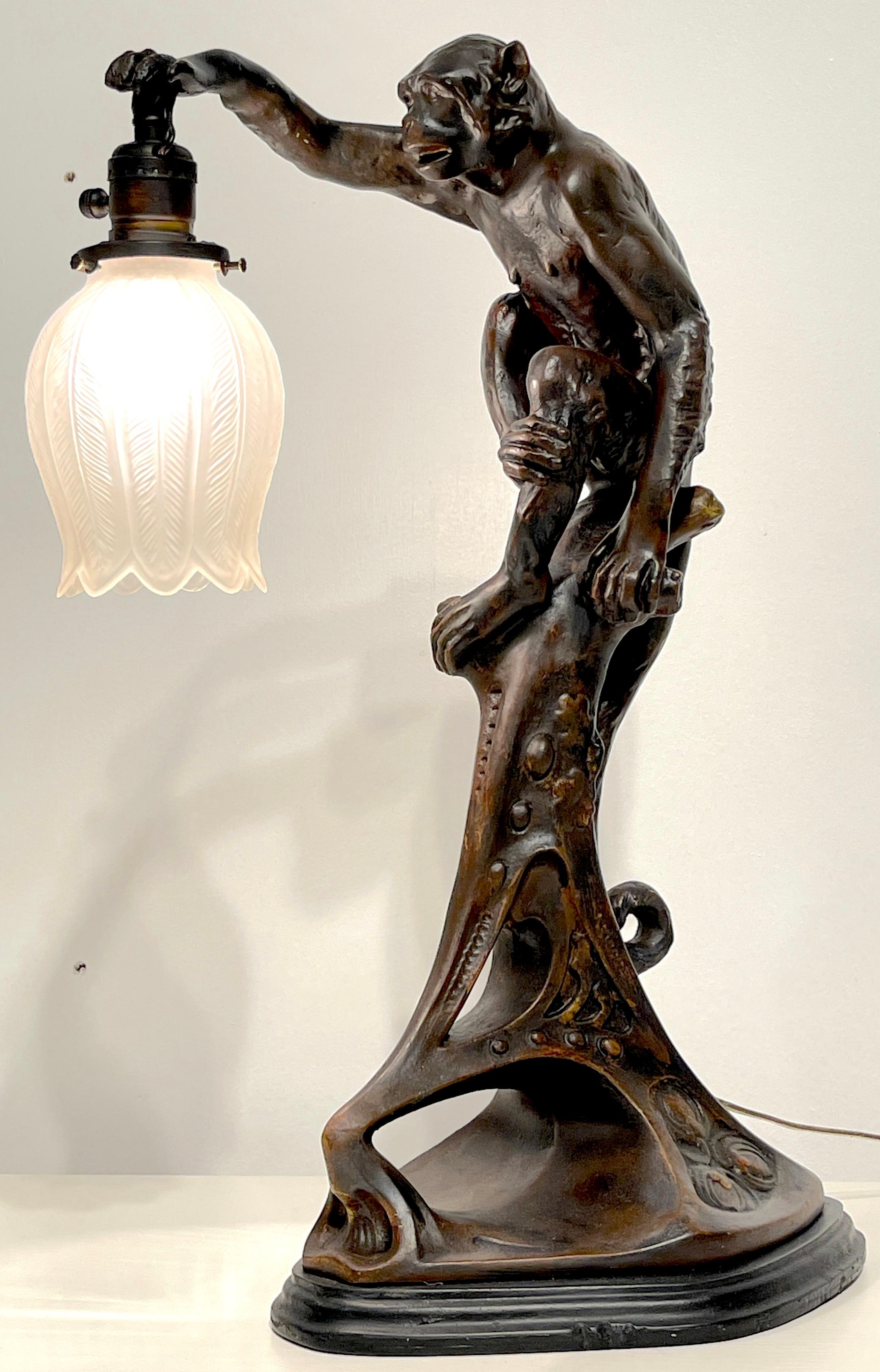 Bronzed Art Deco Bronze Clad Monkey Motif Table Lamp, Austria, C. 1925