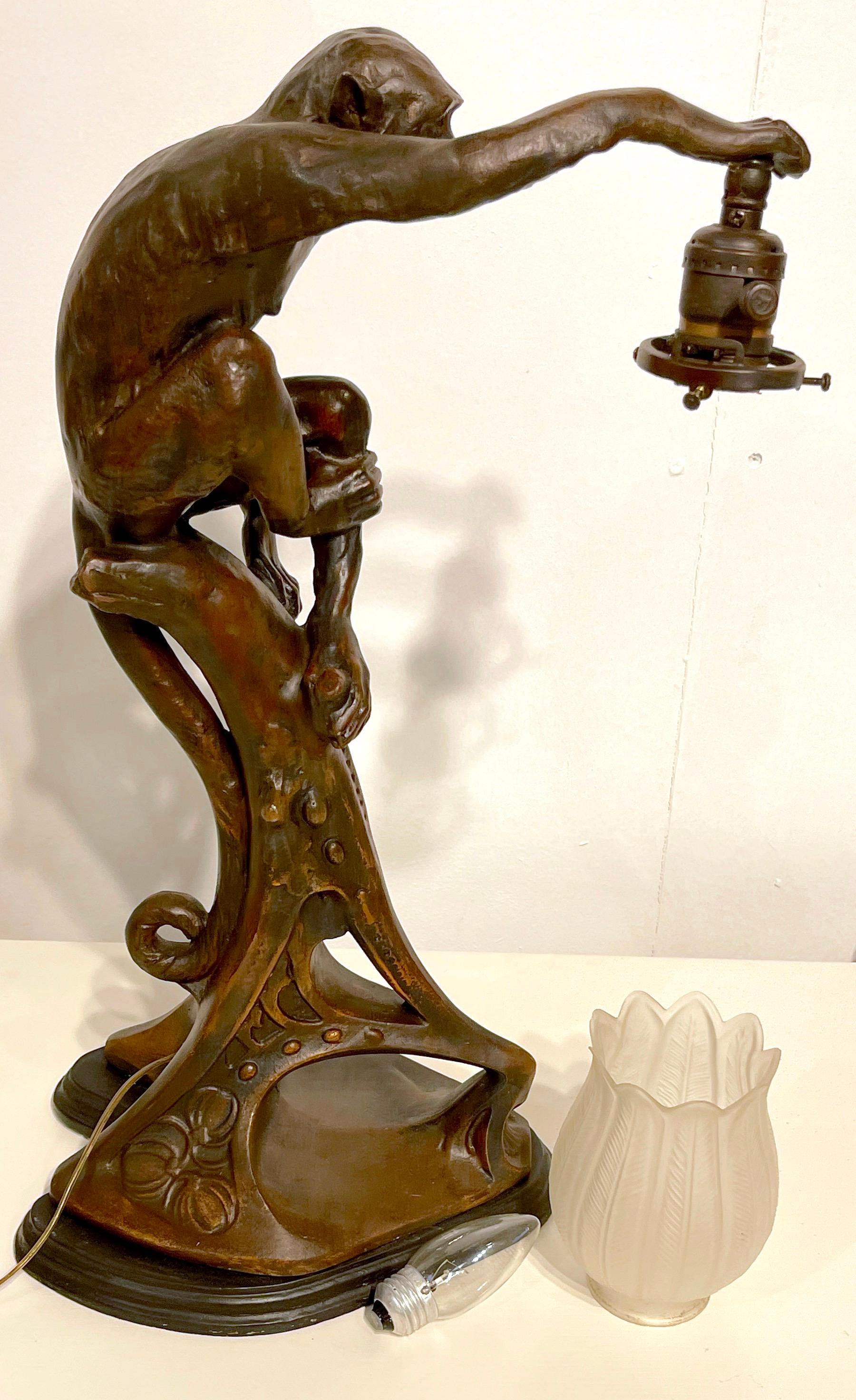 20th Century Art Deco Bronze Clad Monkey Motif Table Lamp, Austria, C. 1925