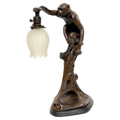 Art Deco Bronze Clad Monkey Motif Table Lamp, Austria, C. 1925