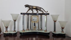 Art Deco Bronze Clock Set with Panther by Hugues