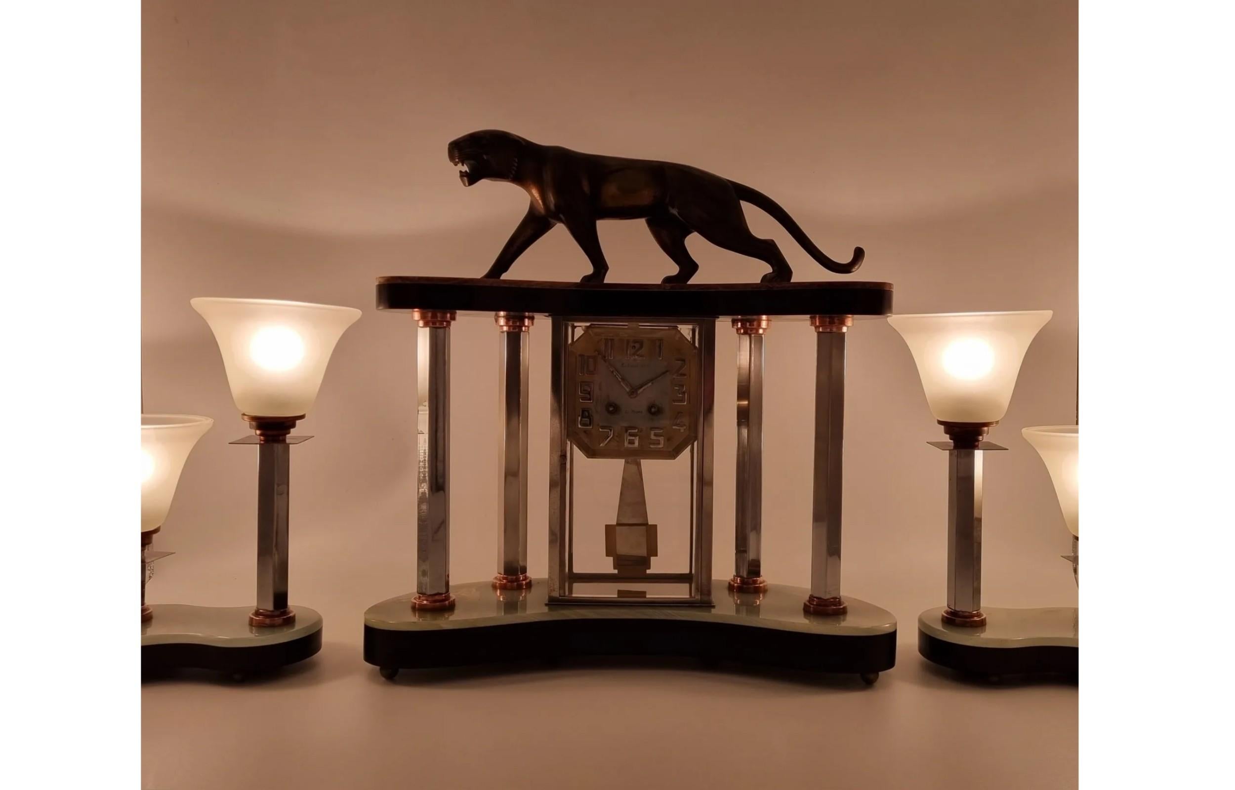 French Art Deco Bronze Clock Set with Panther by Hugues For Sale