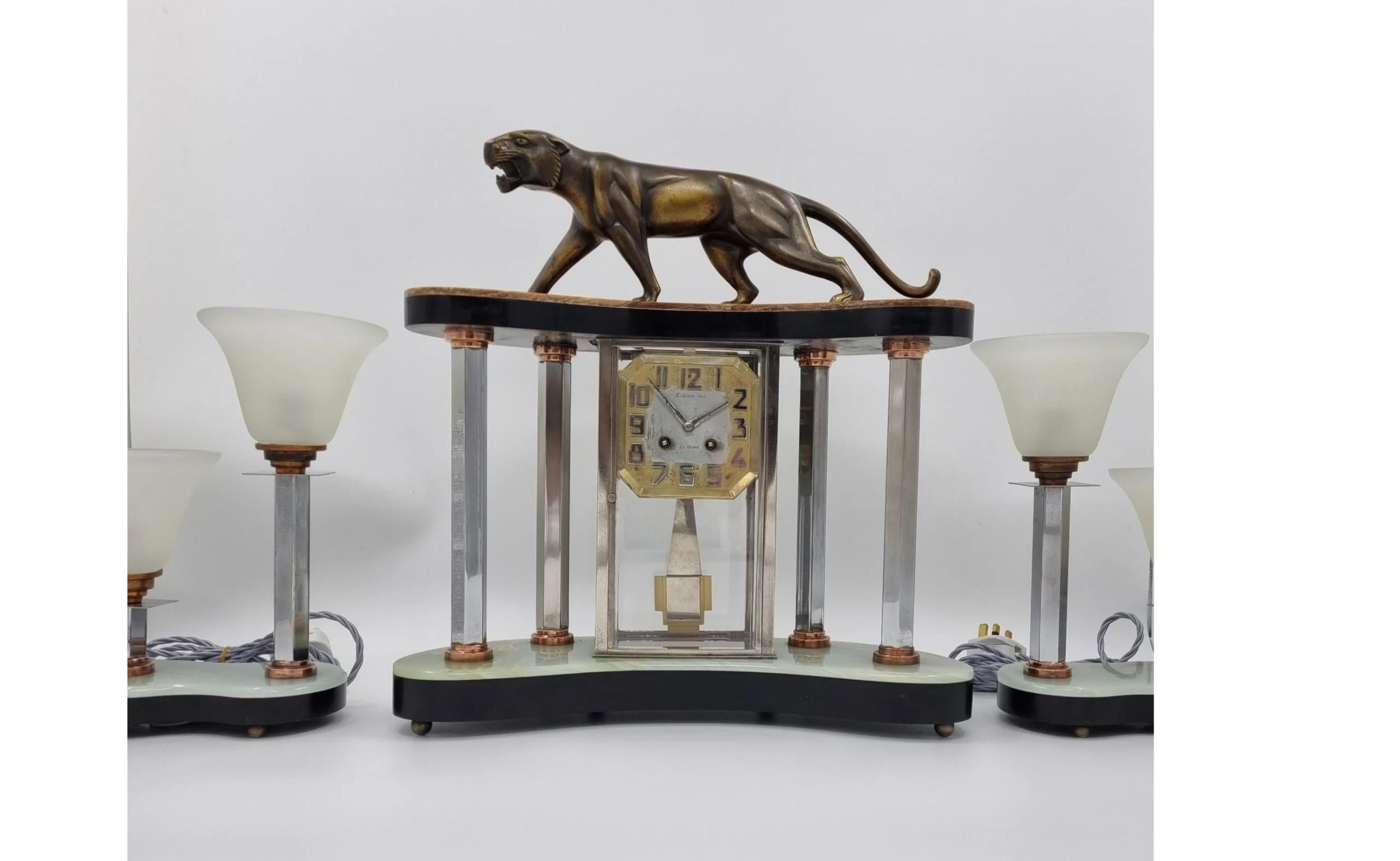 Art Deco Bronze Clock Set with Panther by Hugues In Good Condition For Sale In Hoddesdon, GB