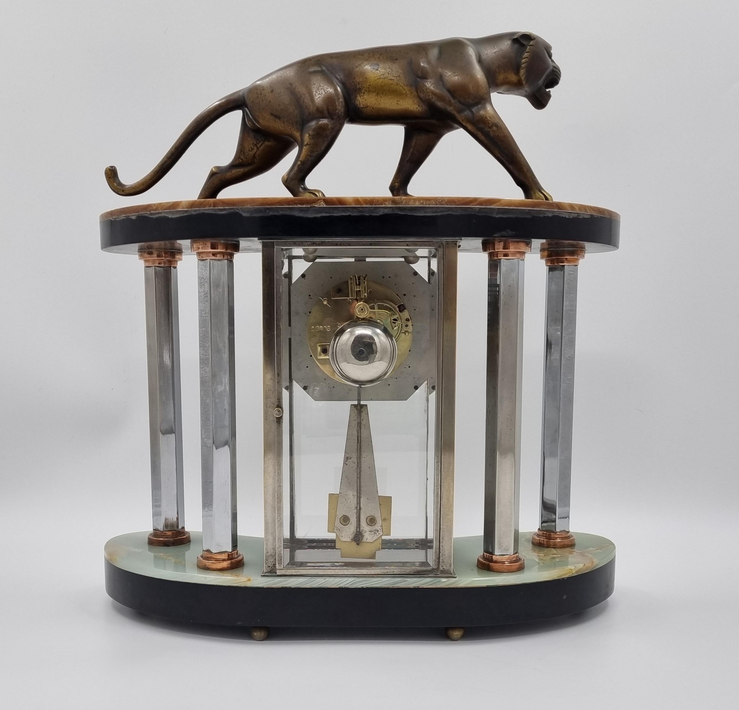 Art Deco Bronze Clock Set with Panther by Hugues For Sale 2