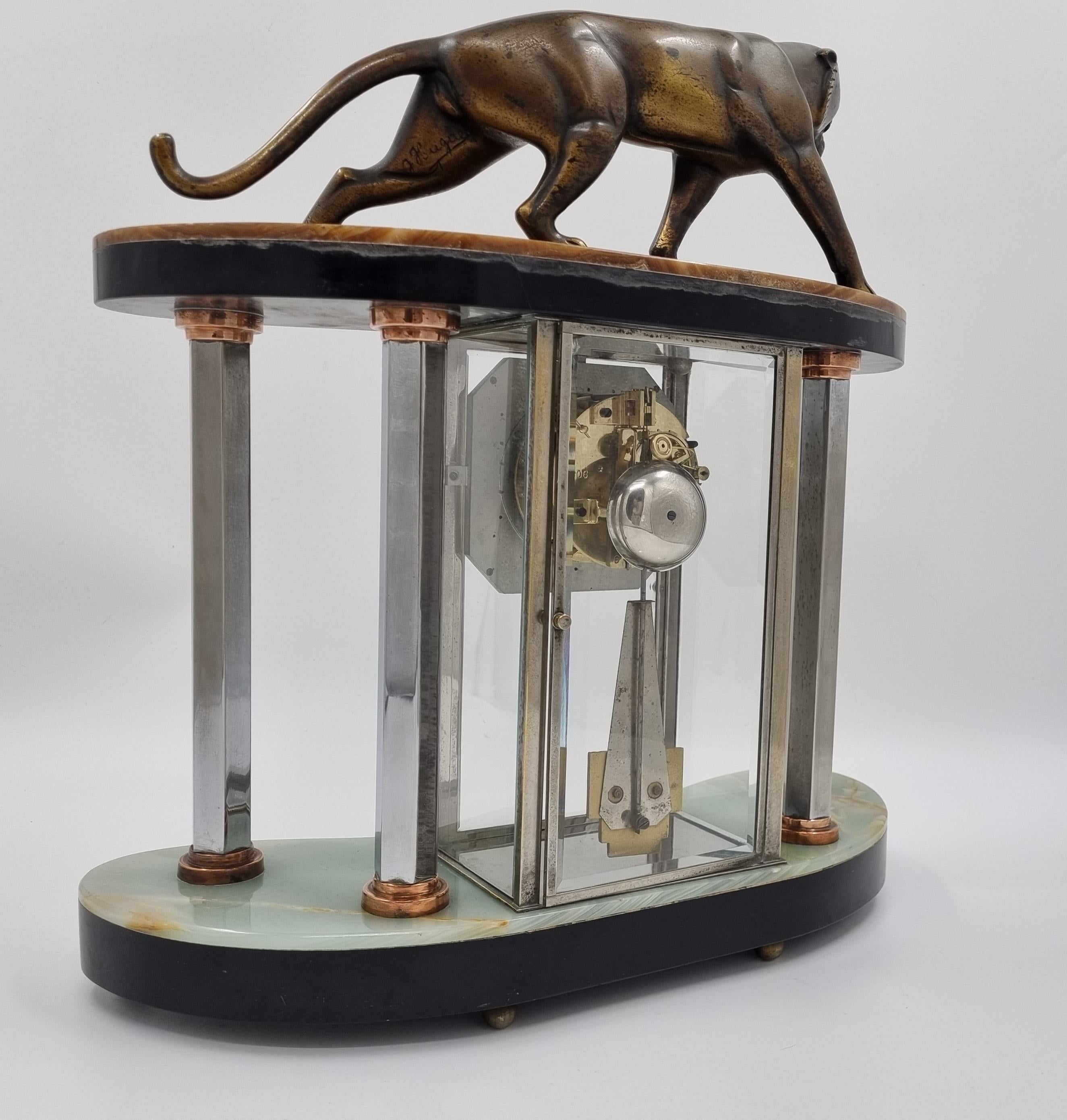 Art Deco Bronze Clock Set with Panther by Hugues For Sale 3