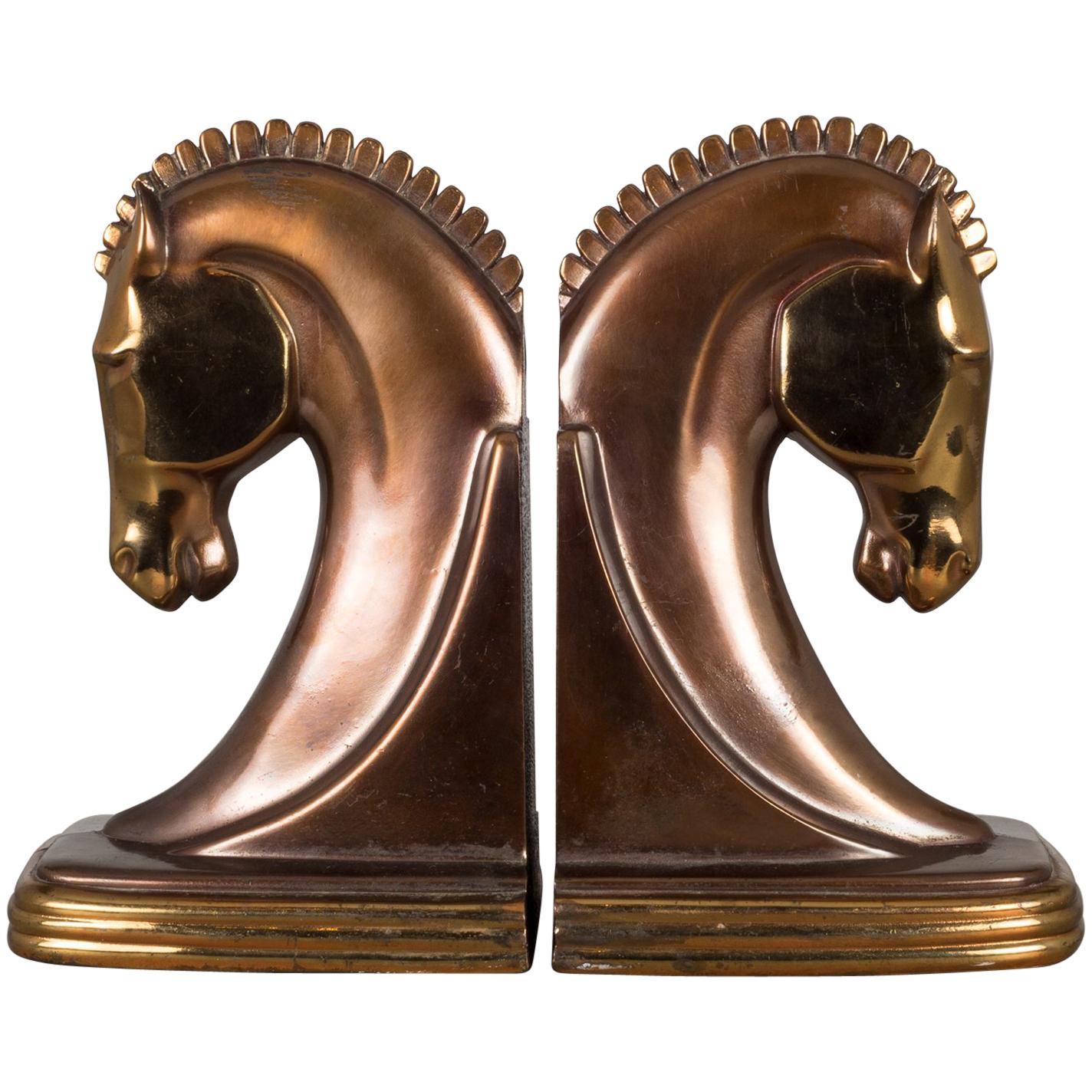 Art Deco Bronze & Copper Plated Trojan Horse Bookends by Dodge, circa 1930