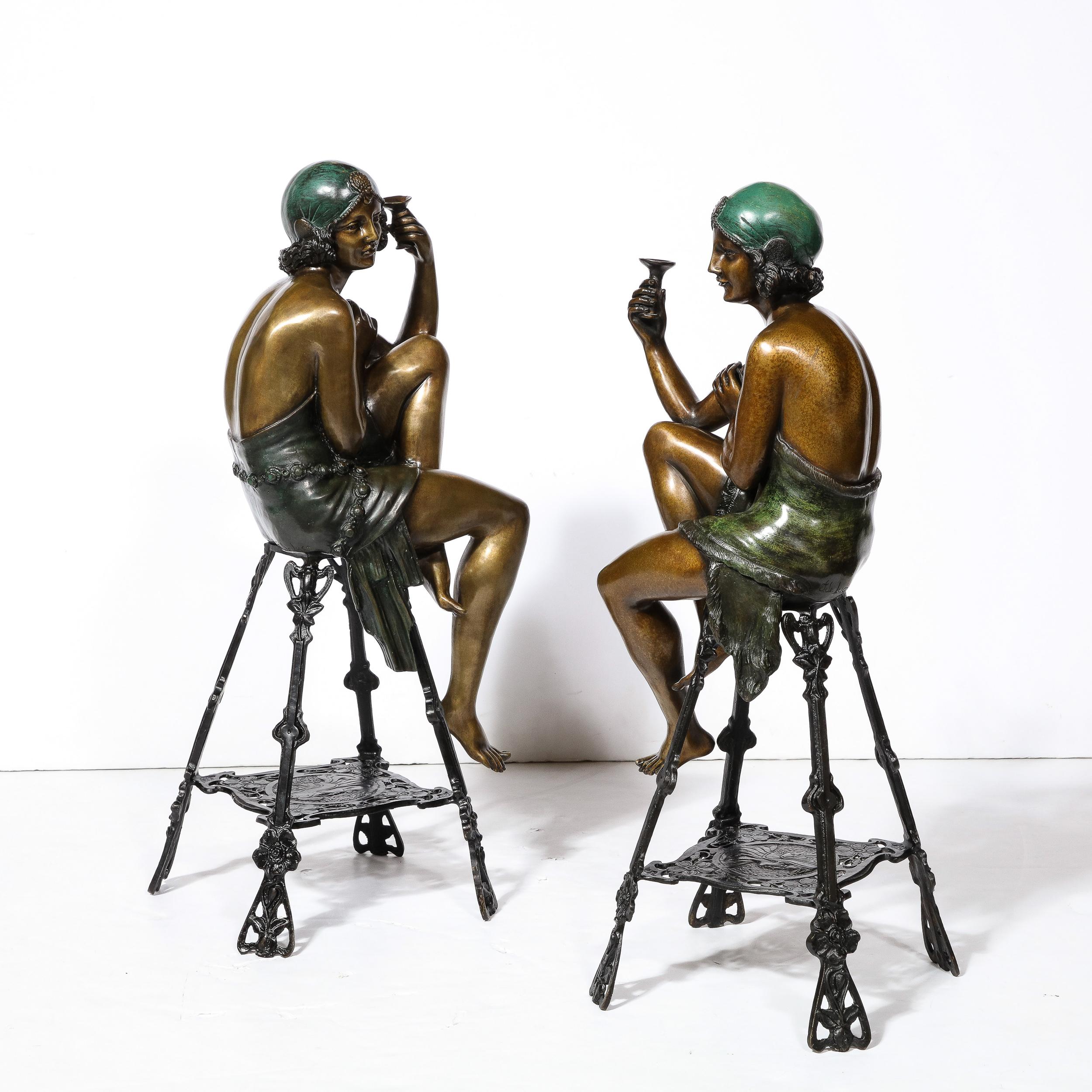 Art Deco Bronze & Copper Sculptures of Seated Flappers by Ferdinando De Luca In Excellent Condition For Sale In New York, NY
