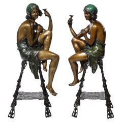Art Deco Bronze & Copper Sculptures of Seated Flappers by Ferdinando De Luca