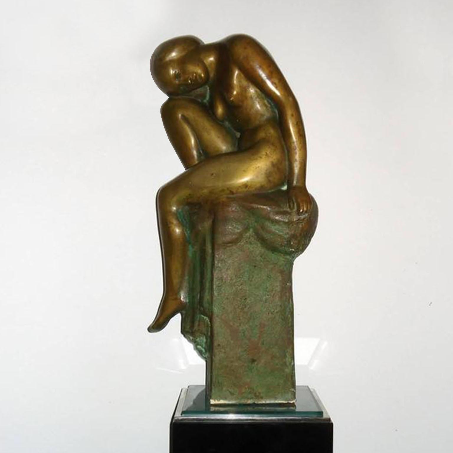 French Art Deco Bronze Crouching Bathing Girl, France 1930s For Sale
