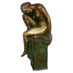 Vintage Art Deco Bronze Crouching Bathing Girl, France 1930s