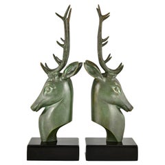 Vintage Art Deco bronze deer bookends by Georges Raoul Garreau, 1930. 