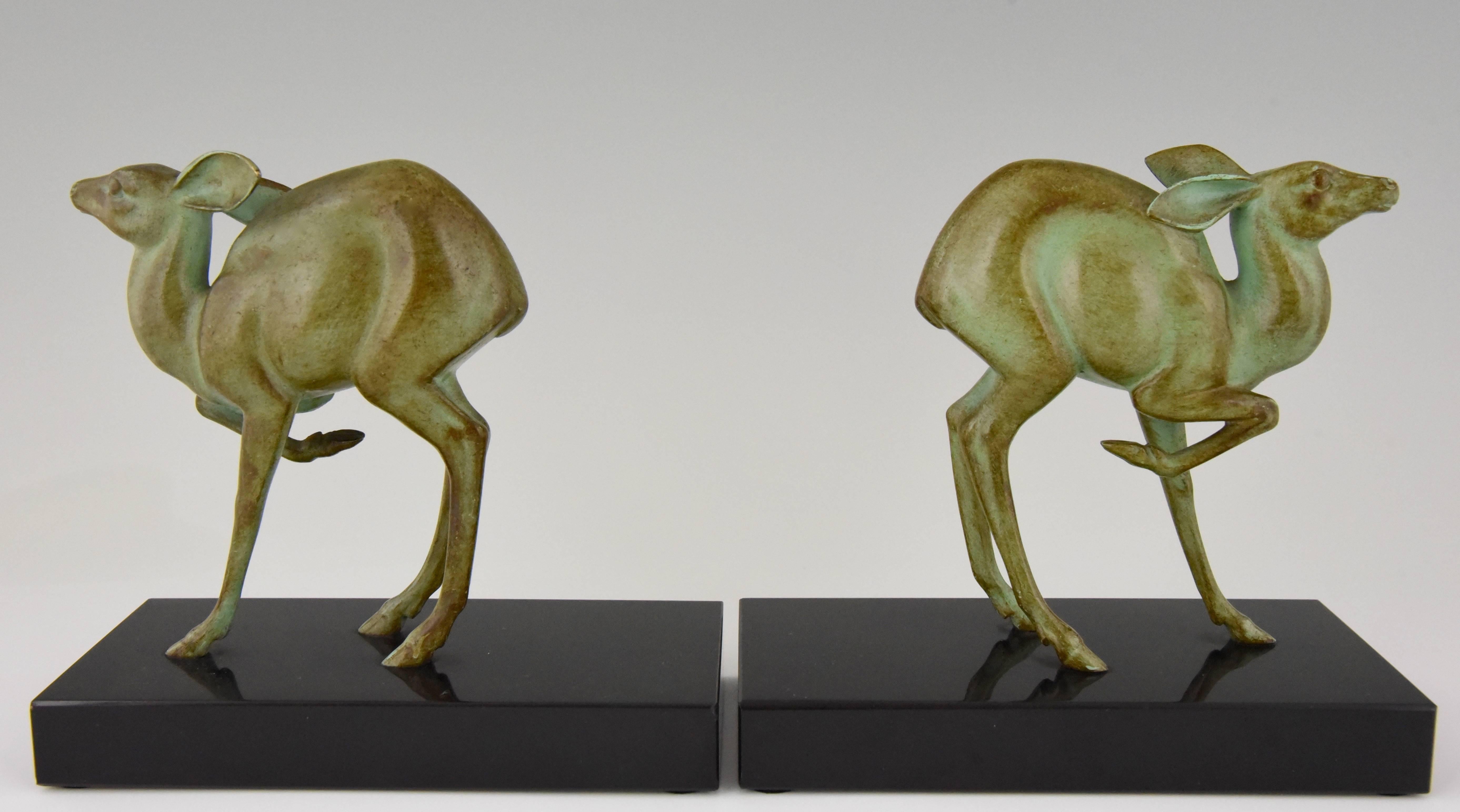 French Art Deco Bronze Deer Bookends by Rischmann, France, 1925