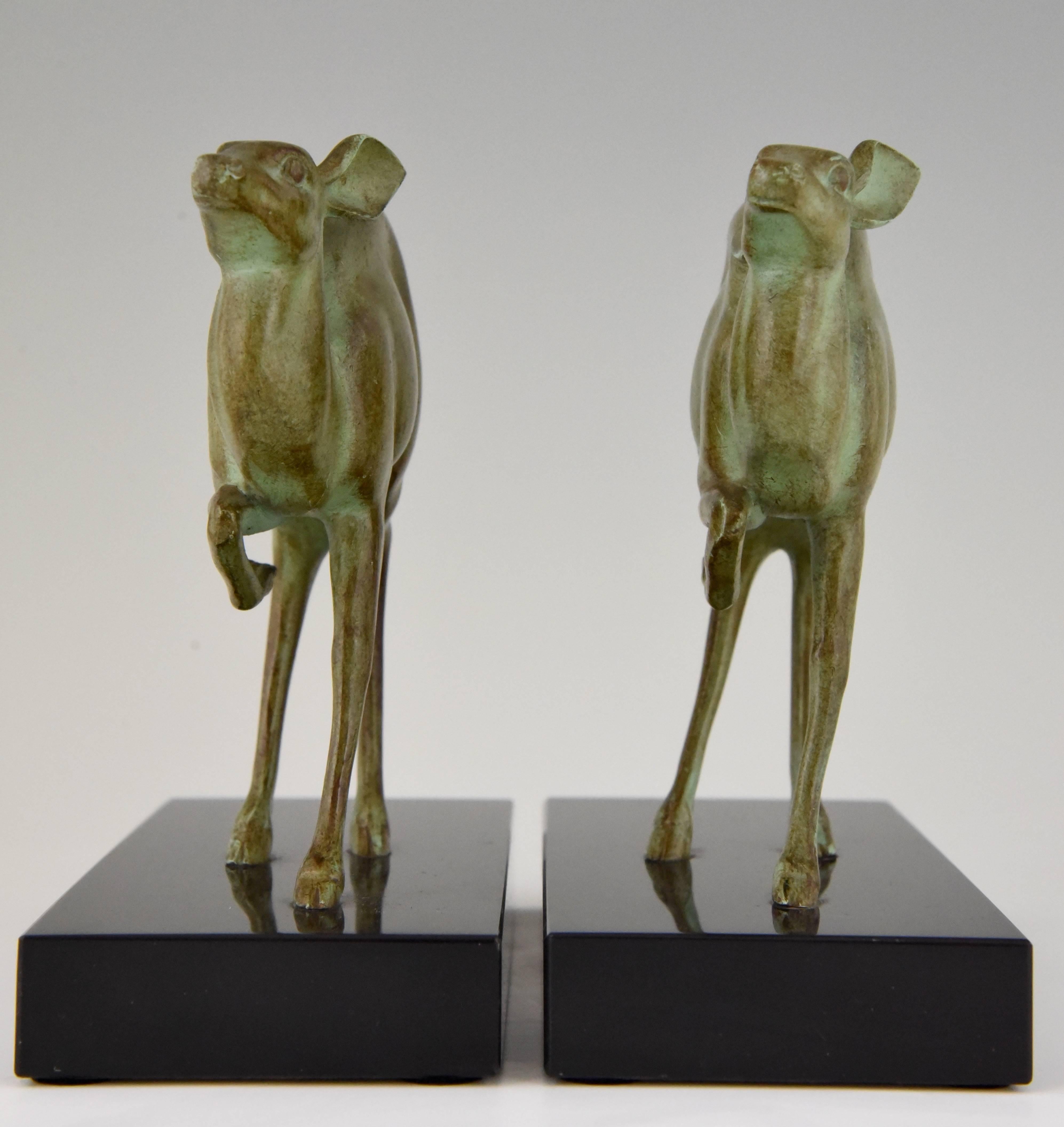 Patinated Art Deco Bronze Deer Bookends by Rischmann, France, 1925