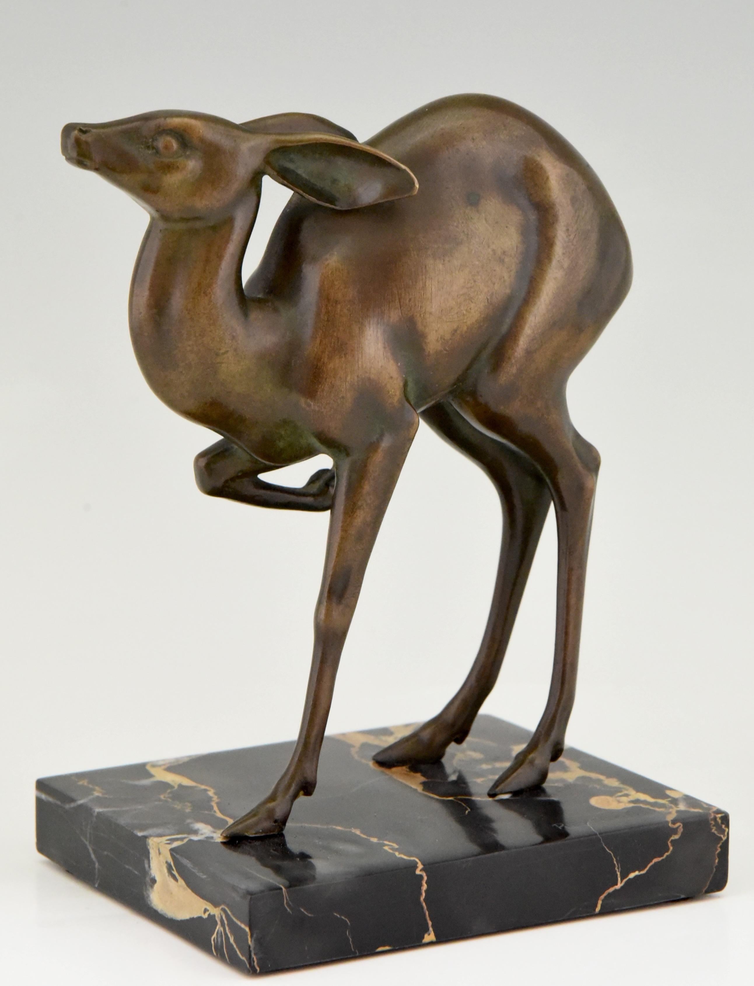 Patinated Art Deco Bronze Deer Sculpture Rischmann, France, 1925