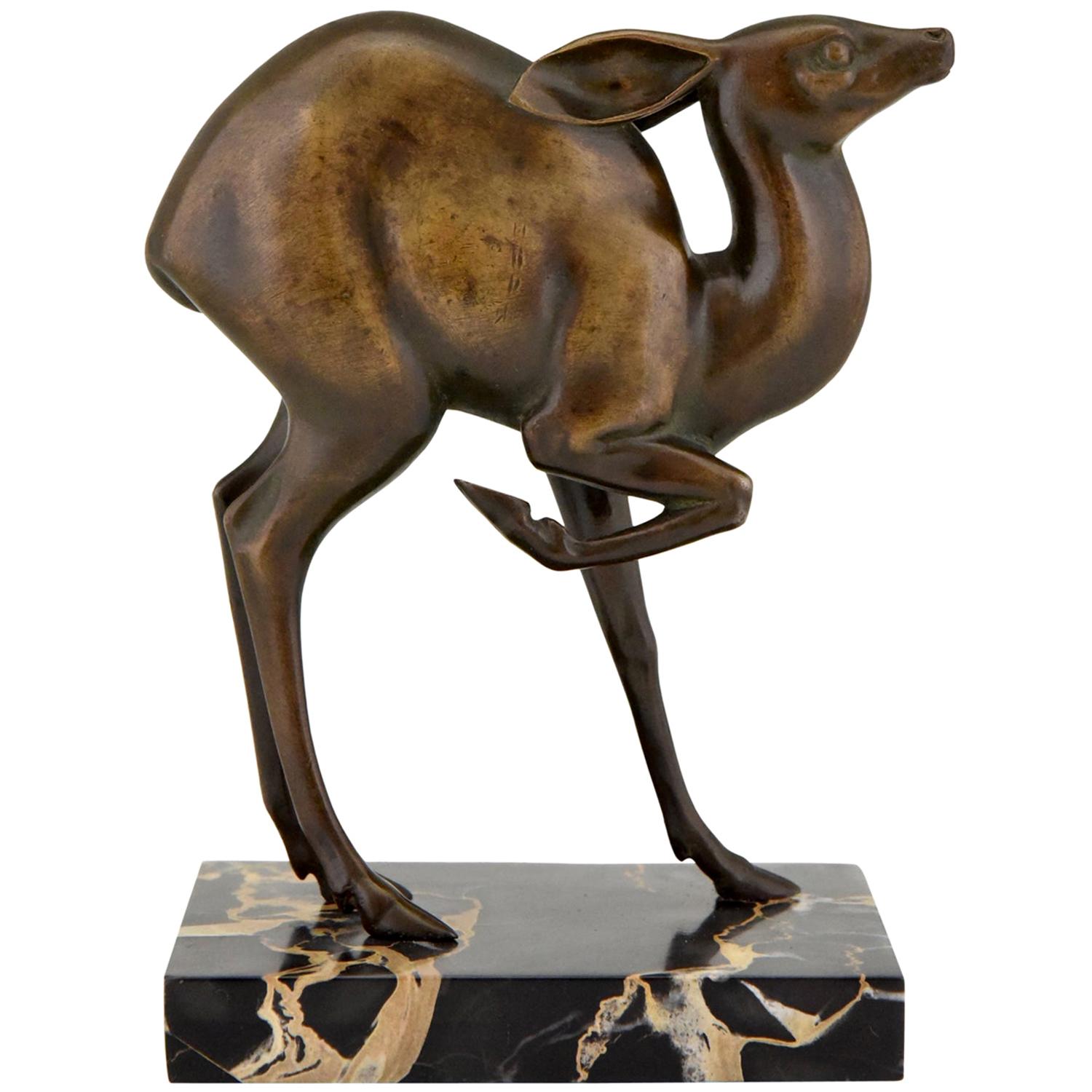 Art Deco Bronze Deer Sculpture Rischmann, France, 1925