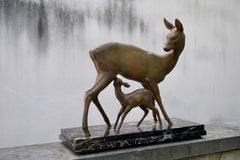 Art deco Bronze Depicting a Doe and its Fawn on a Black Marble Base