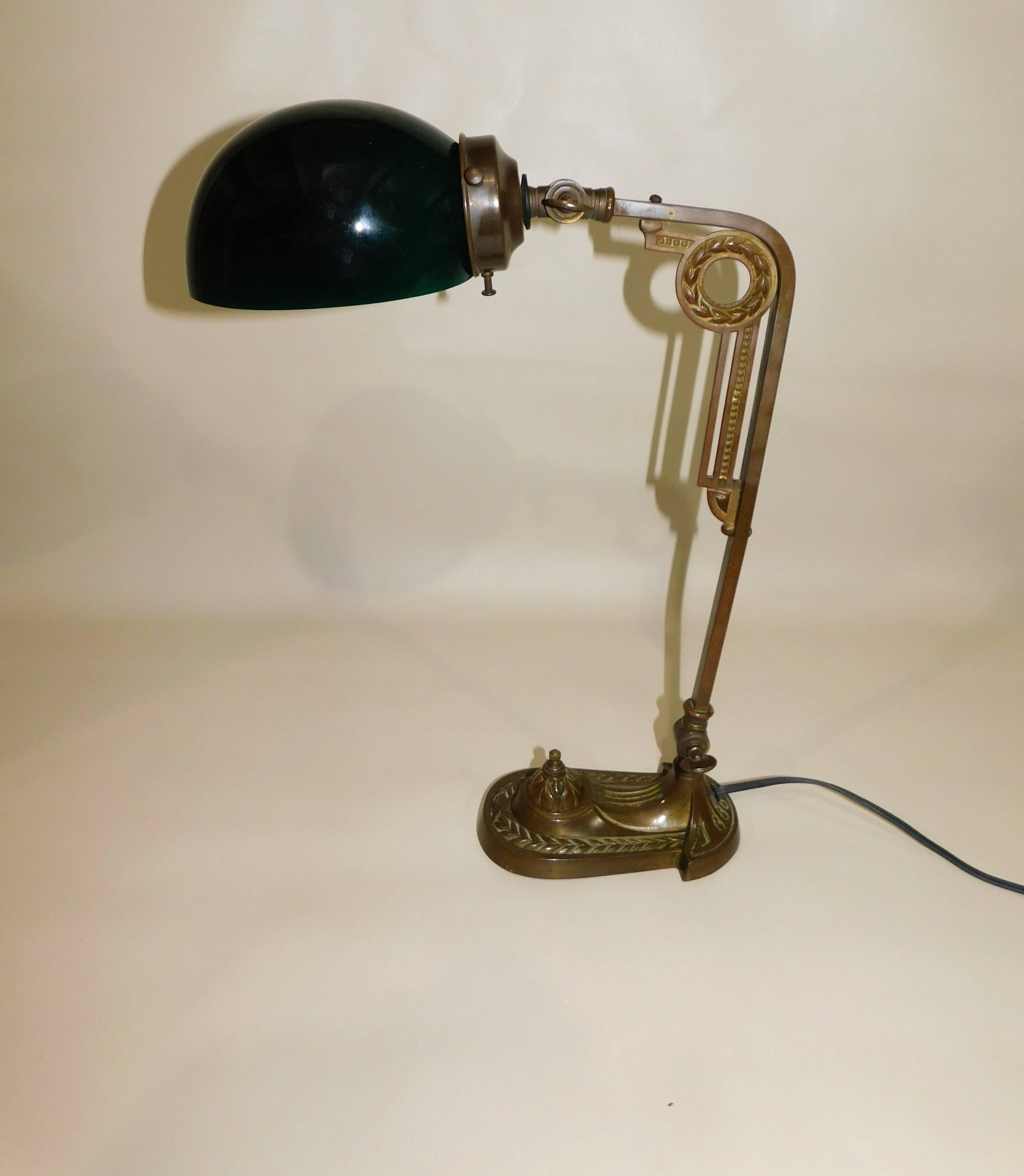 Art Deco Bronze Desk Lamp with Original Green Glass Shade 8