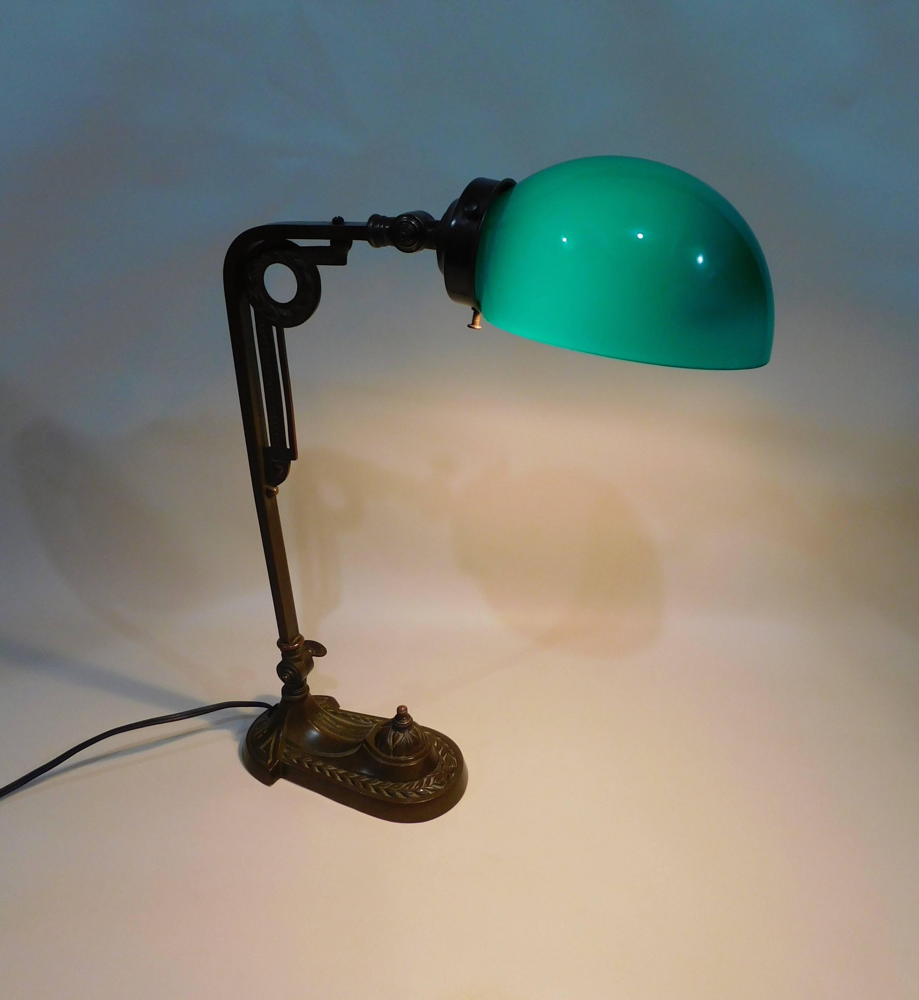 Art Deco Bronze Desk Lamp with Original Green Glass Shade In Excellent Condition In Hamilton, Ontario