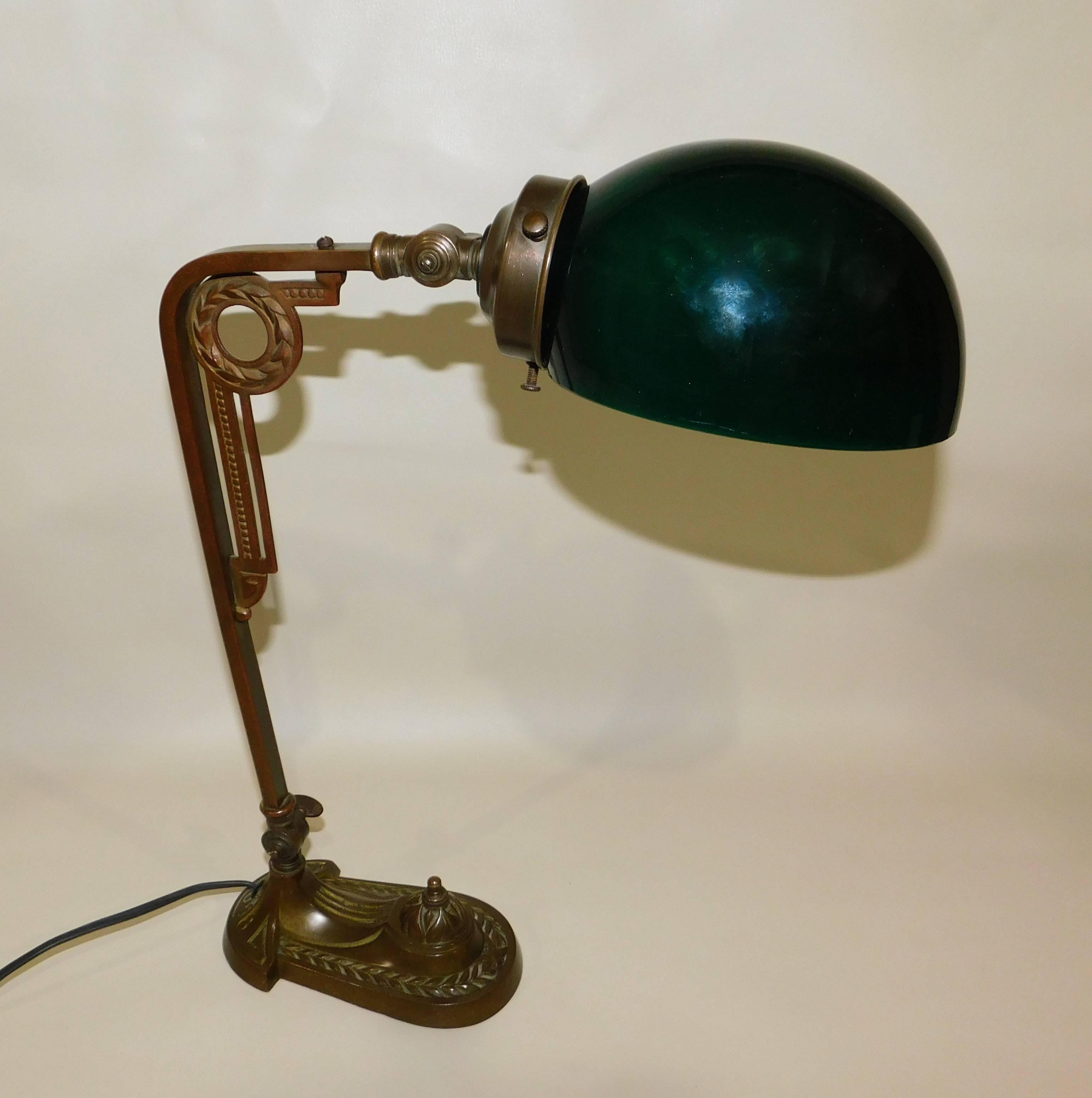 Art Deco Bronze Desk Lamp with Original Green Glass Shade 4