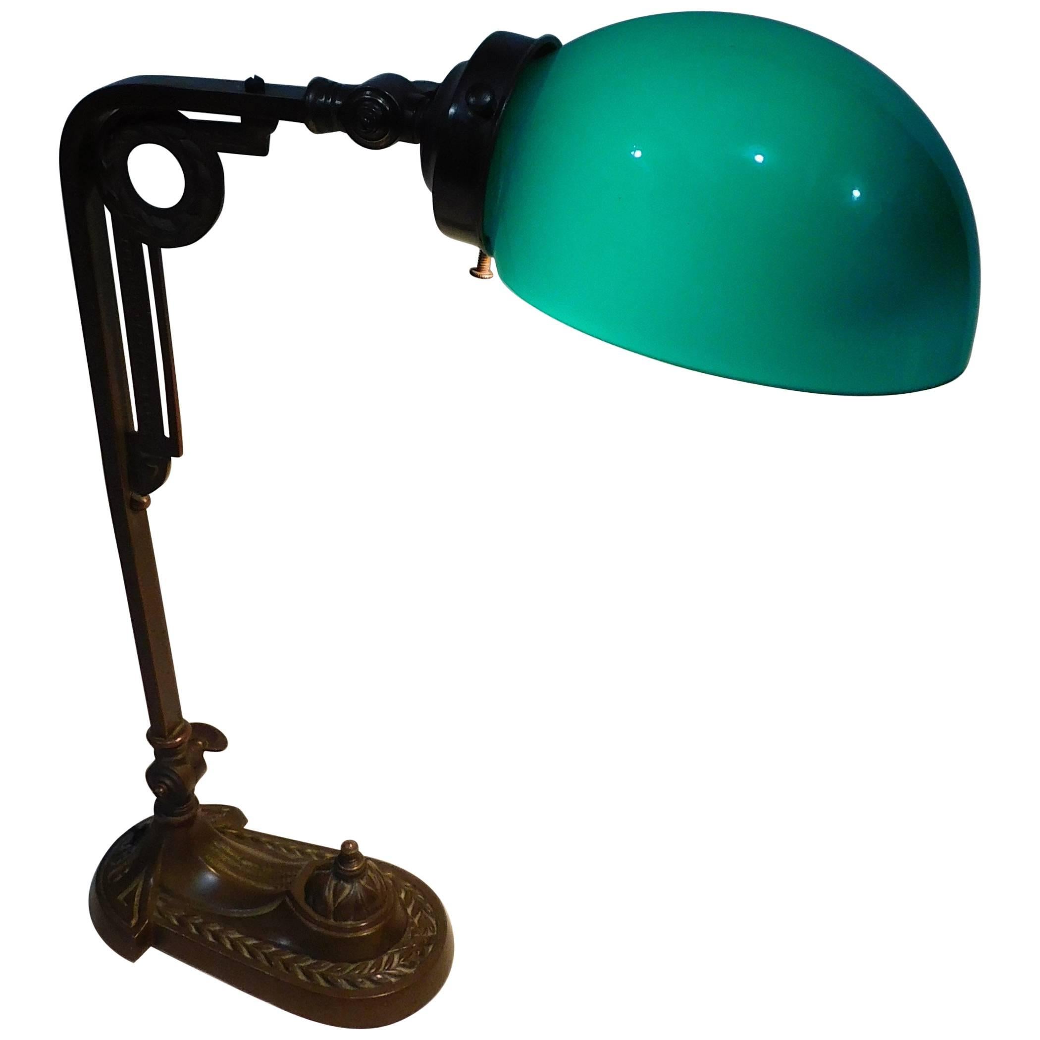 Art Deco Bronze Desk Lamp with Original Green Glass Shade