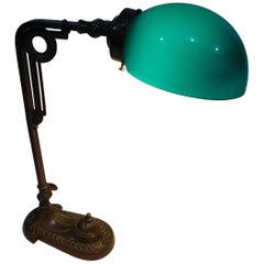Antique Art Deco Bronze Desk Lamp with Original Green Glass Shade