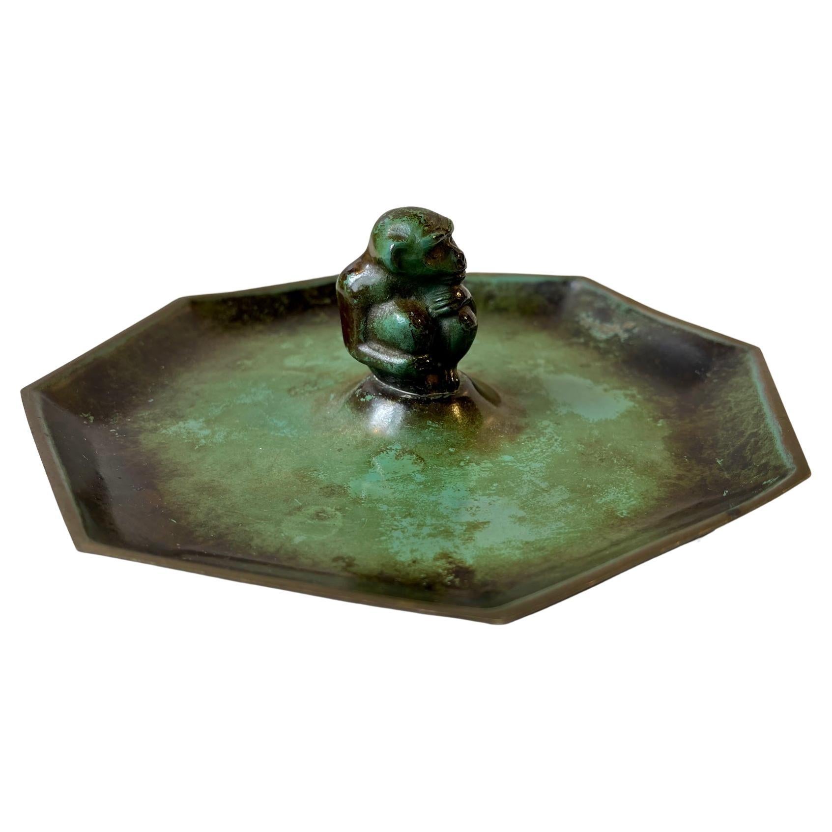 Art Deco Bronze Dish with Monkey by Holger Fridericias, 1930s