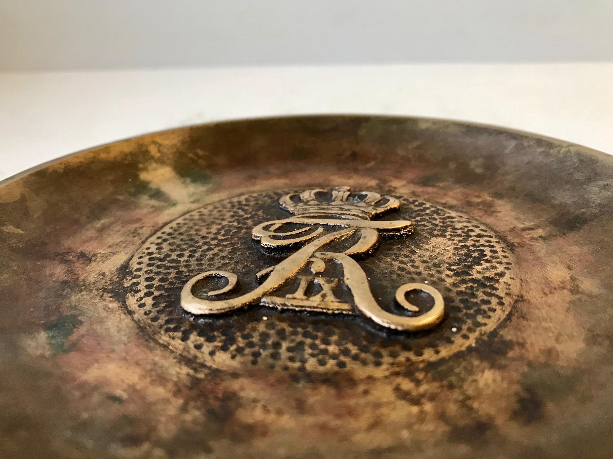 Heavy solid bronze dish or ashtray with the official monogram of his Royal Highness Frederik IX of Denmark. This was made in 1947. The year of his coronation. It is imprinted Bronze (bronce) to its base and was probably made by either Holger