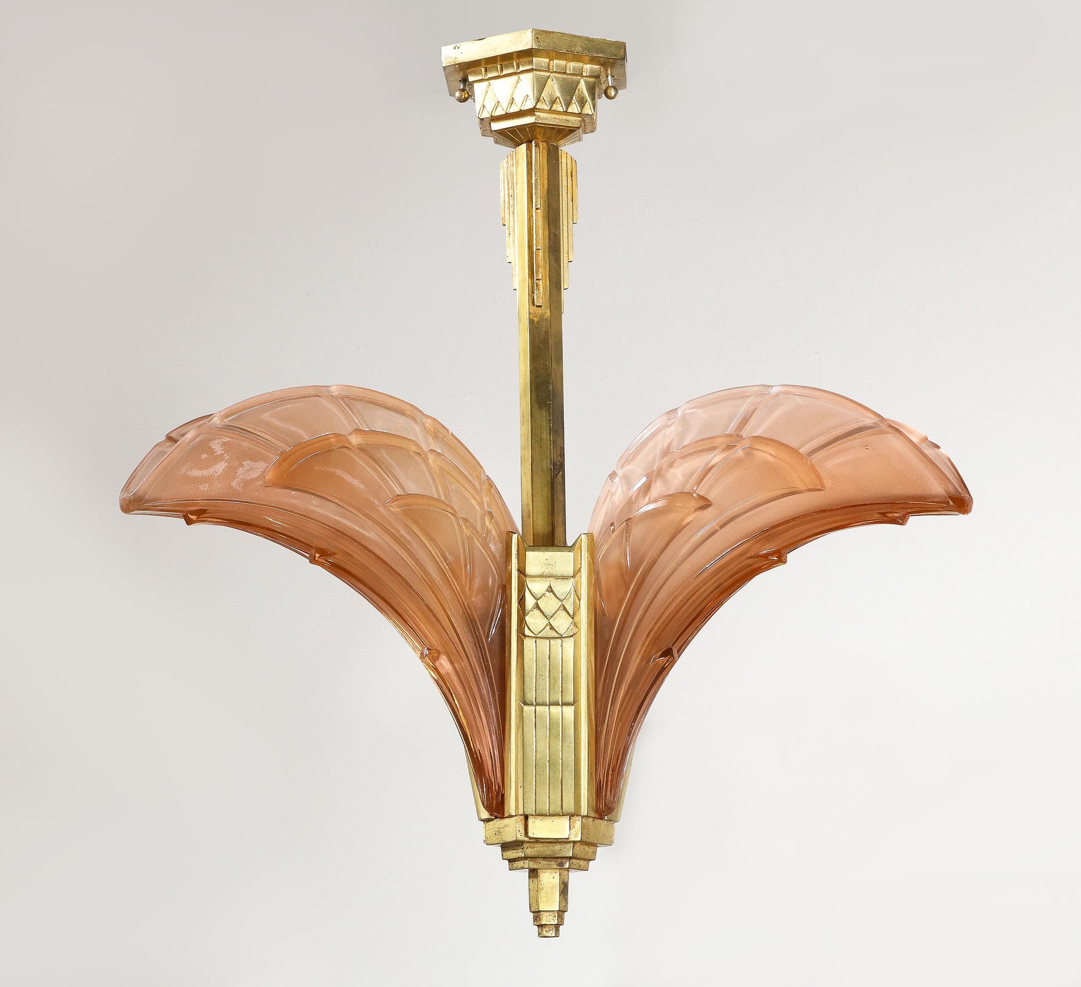 Gilt Art Deco Bronze Doré Chandelier by Jean Gauthier For Sale