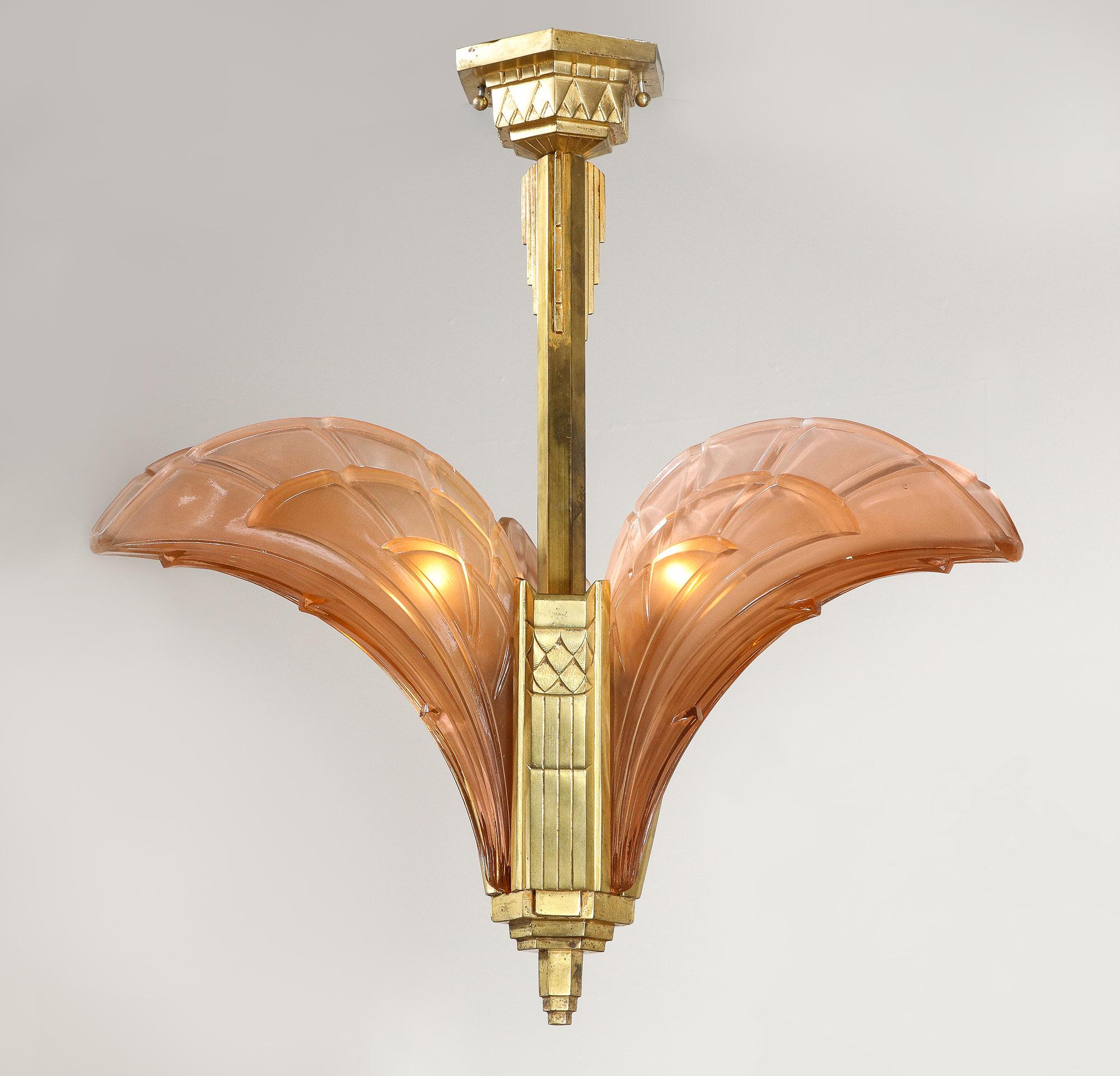 Art Deco Bronze Doré Chandelier by Jean Gauthier In Good Condition For Sale In New York, NY
