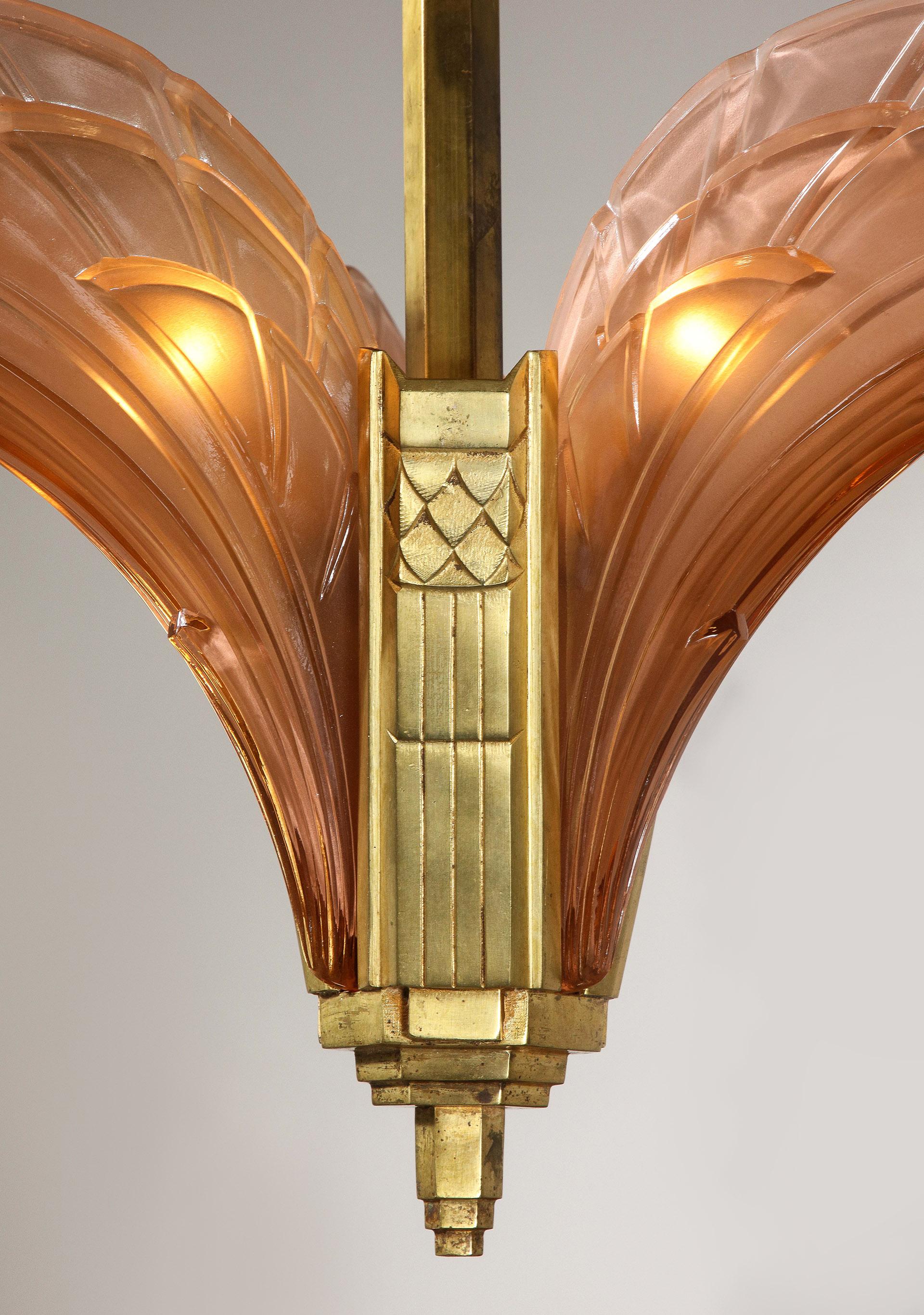 Art Deco Bronze Doré Chandelier by Jean Gauthier For Sale 4