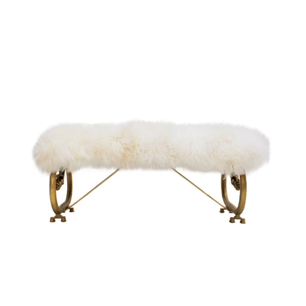 Two-seat bench. Structure made of solid wood, upholstered in natural Mongolian goat fur. French legs made of bronze with dragon shape, 1920s.
 
  