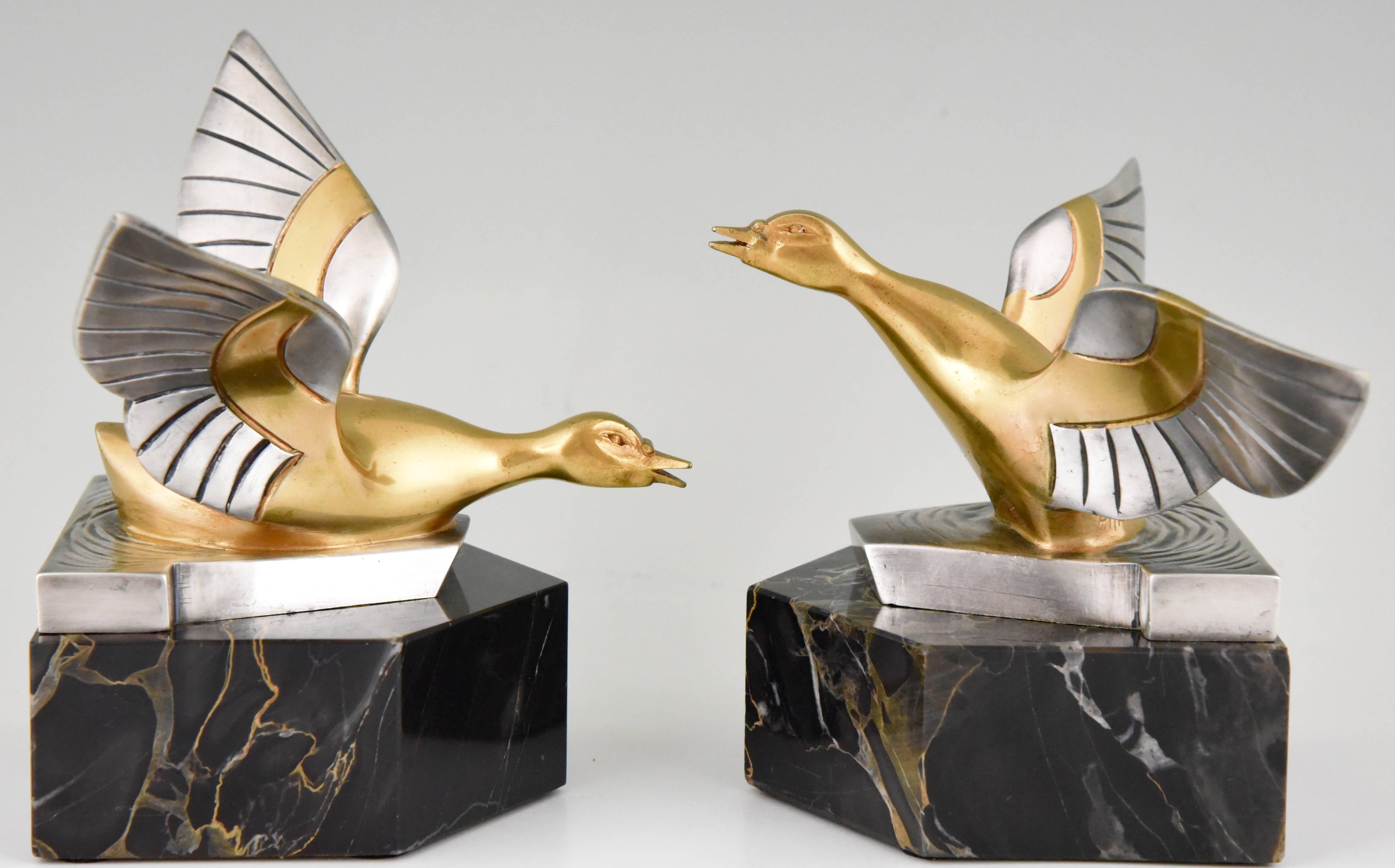 Silvered Art Deco Bronze Duck Bookends by F. H. Danvin, France, 1930