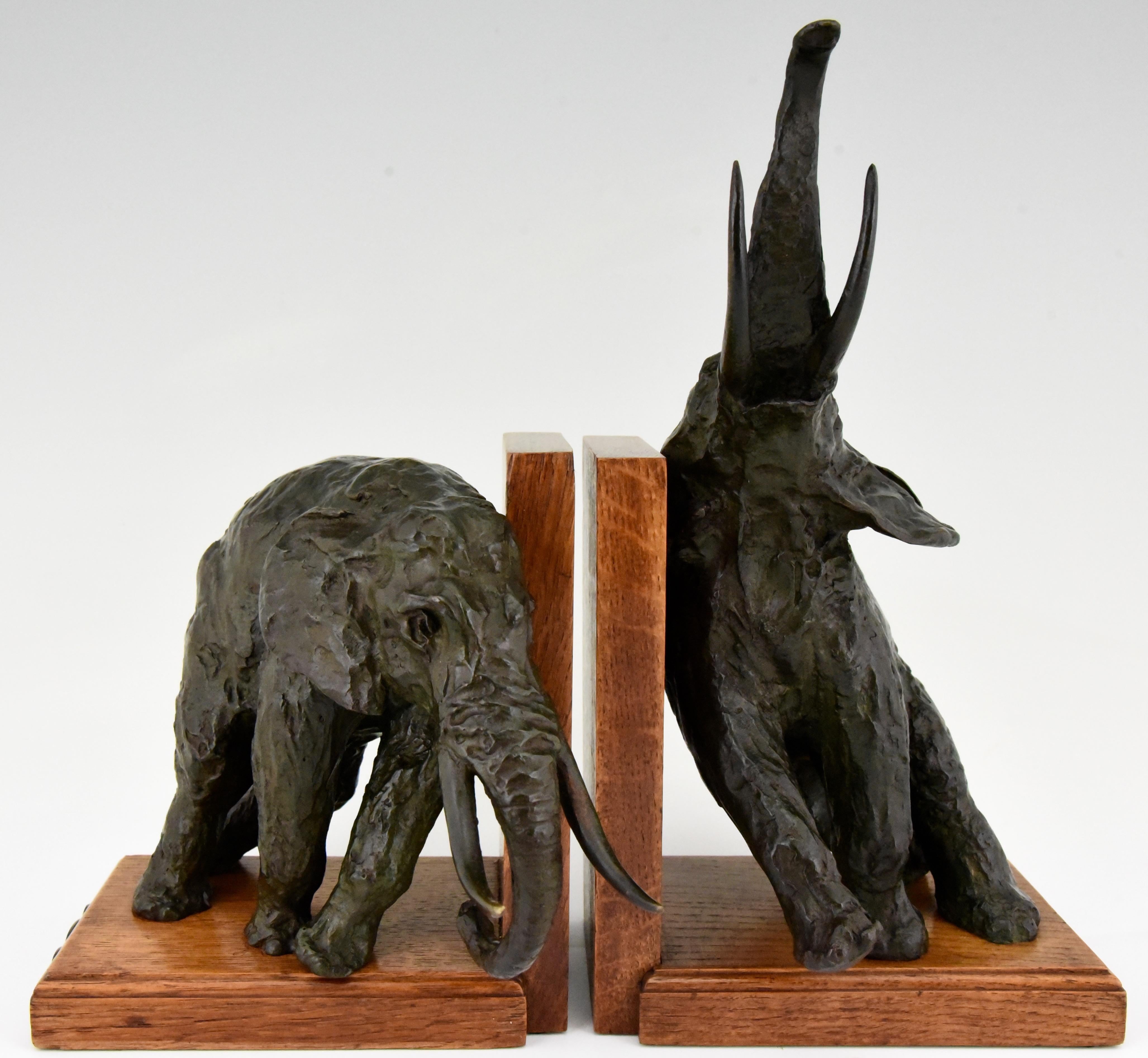 Impressive pair of bronze elephant bookends by the famous French artist Ary Bitter. The bronze sculptures have a beautiful patina and stand on wooden bases, circa 1920. Cast by Susse Freres, Paris.
Size:
H. 17 cm x L. 19 cm. x W. 17.5 cm.
H. 6.7