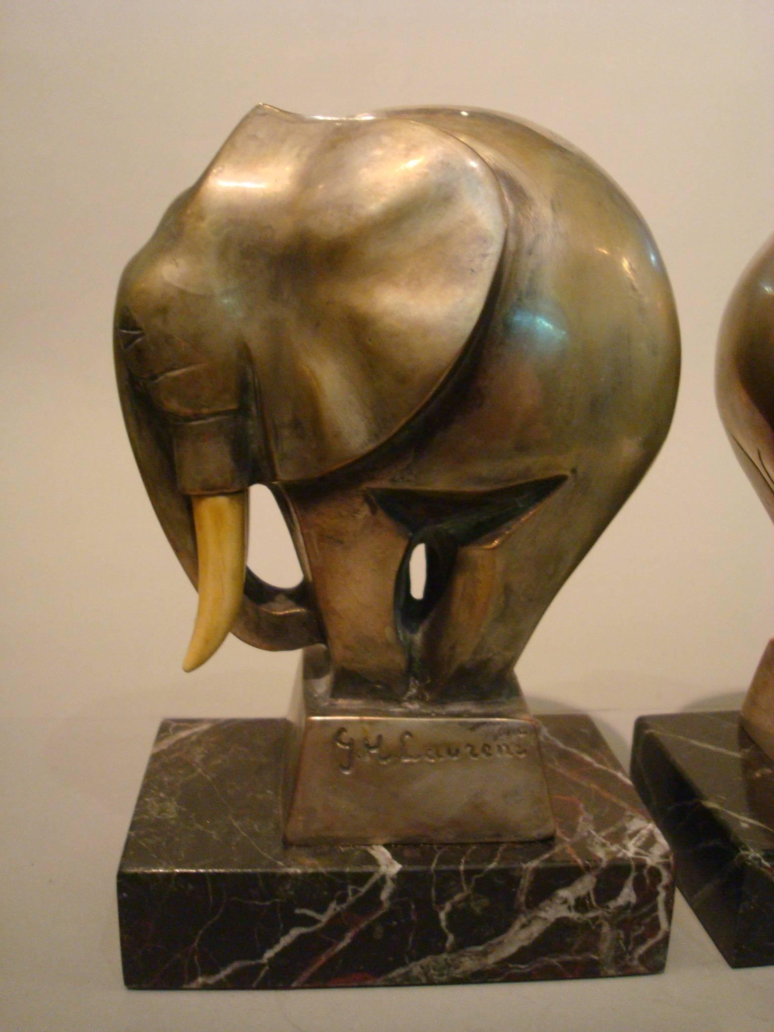 French Art Deco Bronze Elephant Bookends Signed G. H. Laurent, France, 1920s