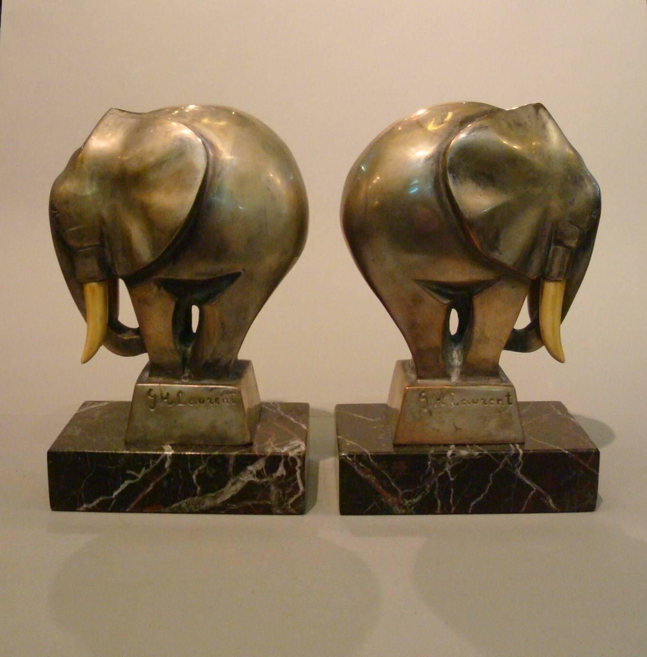 Art Deco Bronze Elephant Bookends Signed G. H. Laurent, France, 1920s