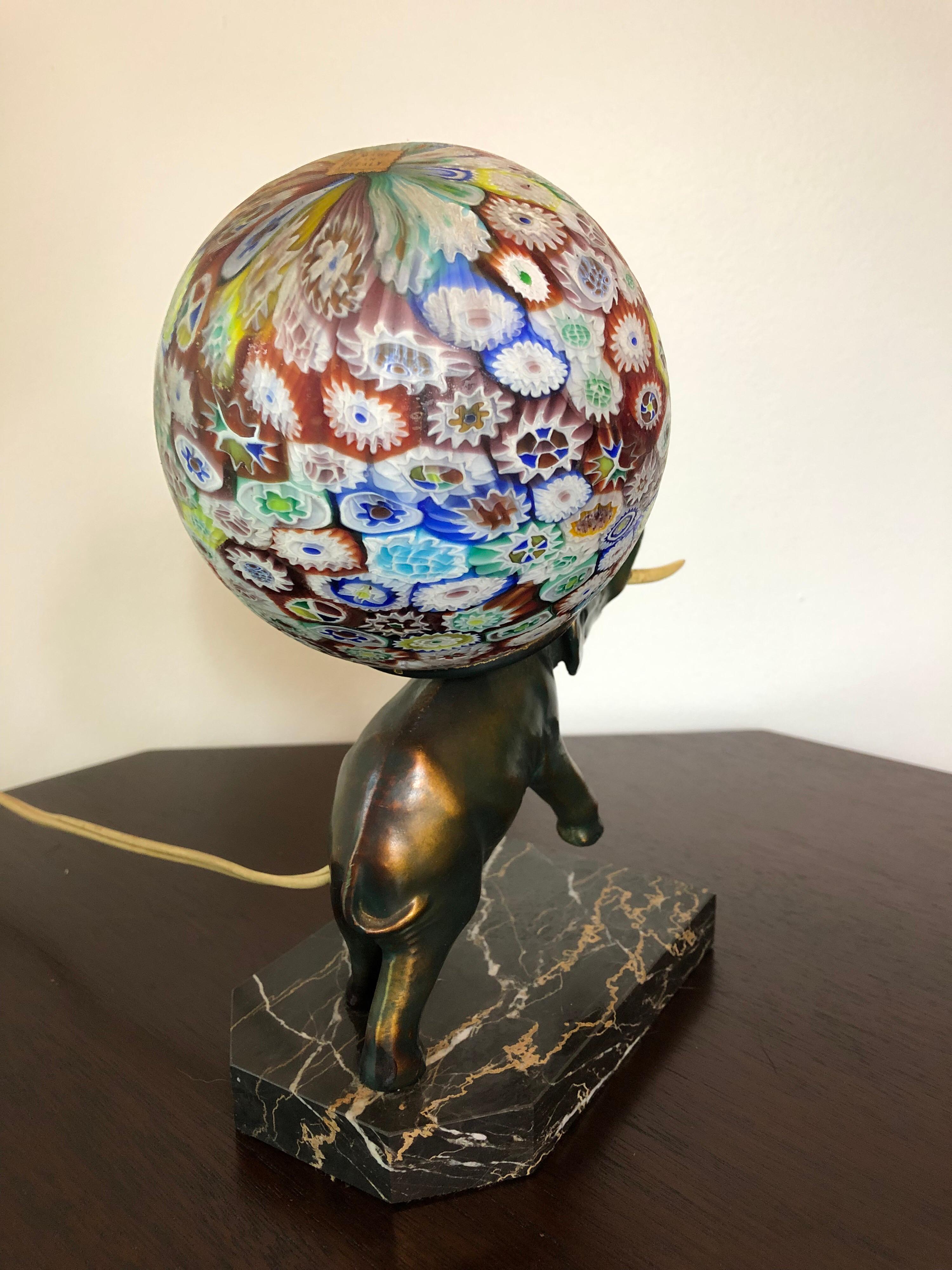 20th Century Art Deco Bronze Elephant Lamp with Murano Millefiori Globe