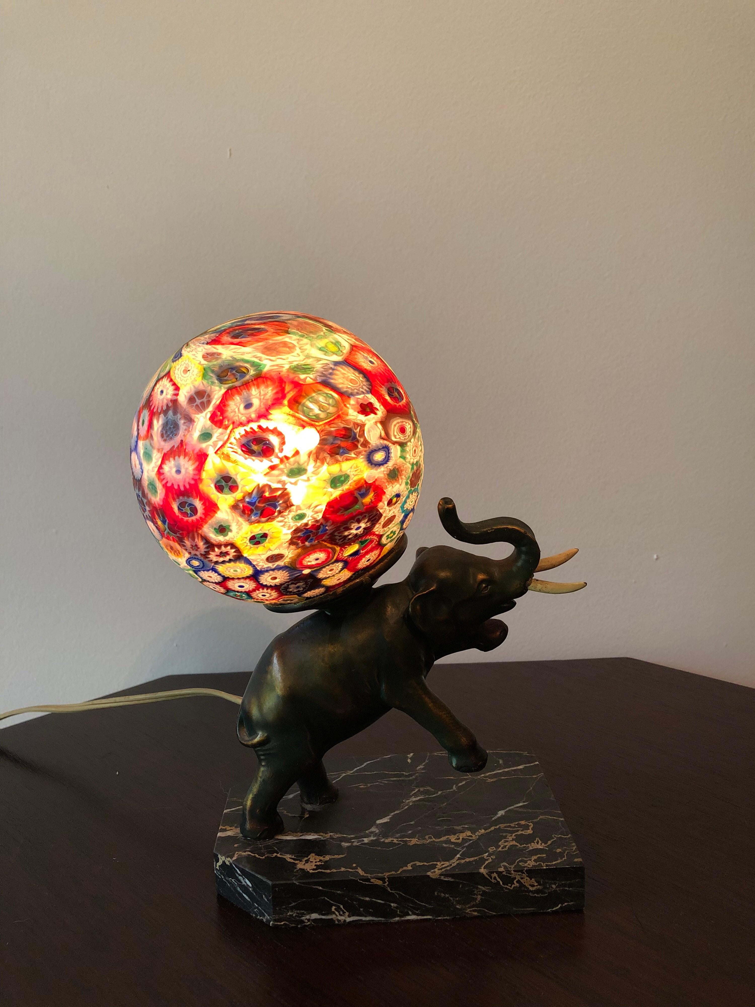 Art Deco Bronze Elephant Lamp with Murano Millefiori Globe 2