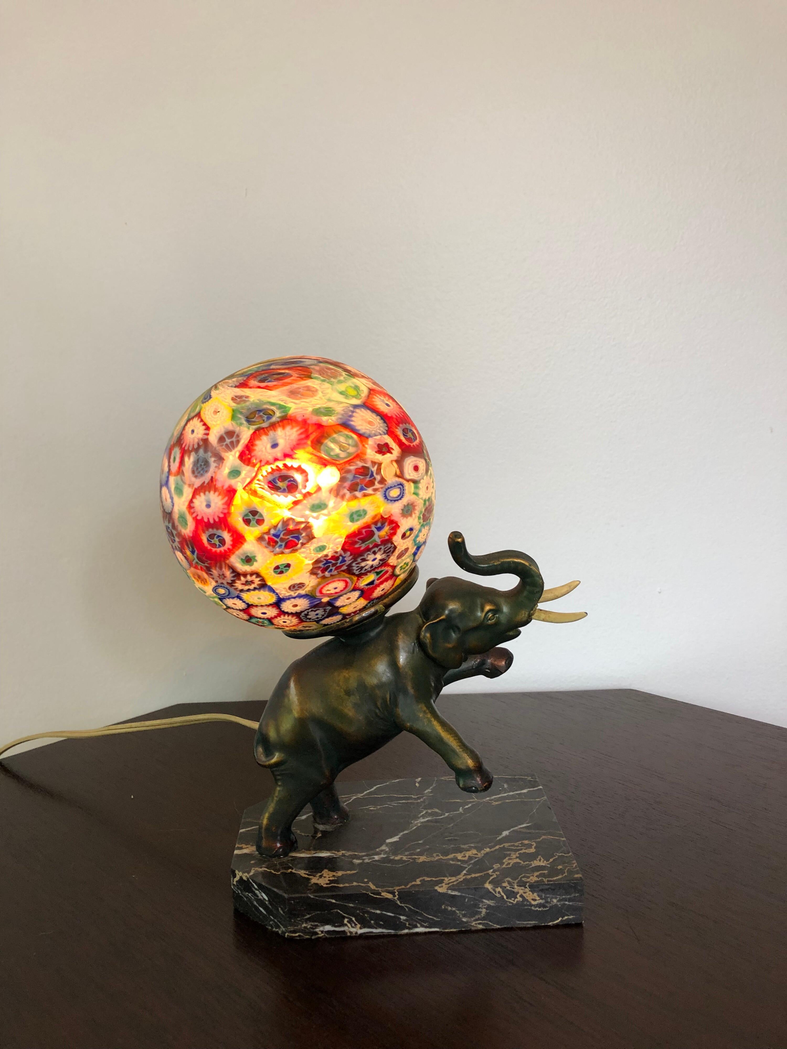 Art Deco Bronze Elephant Lamp with Murano Millefiori Globe 3