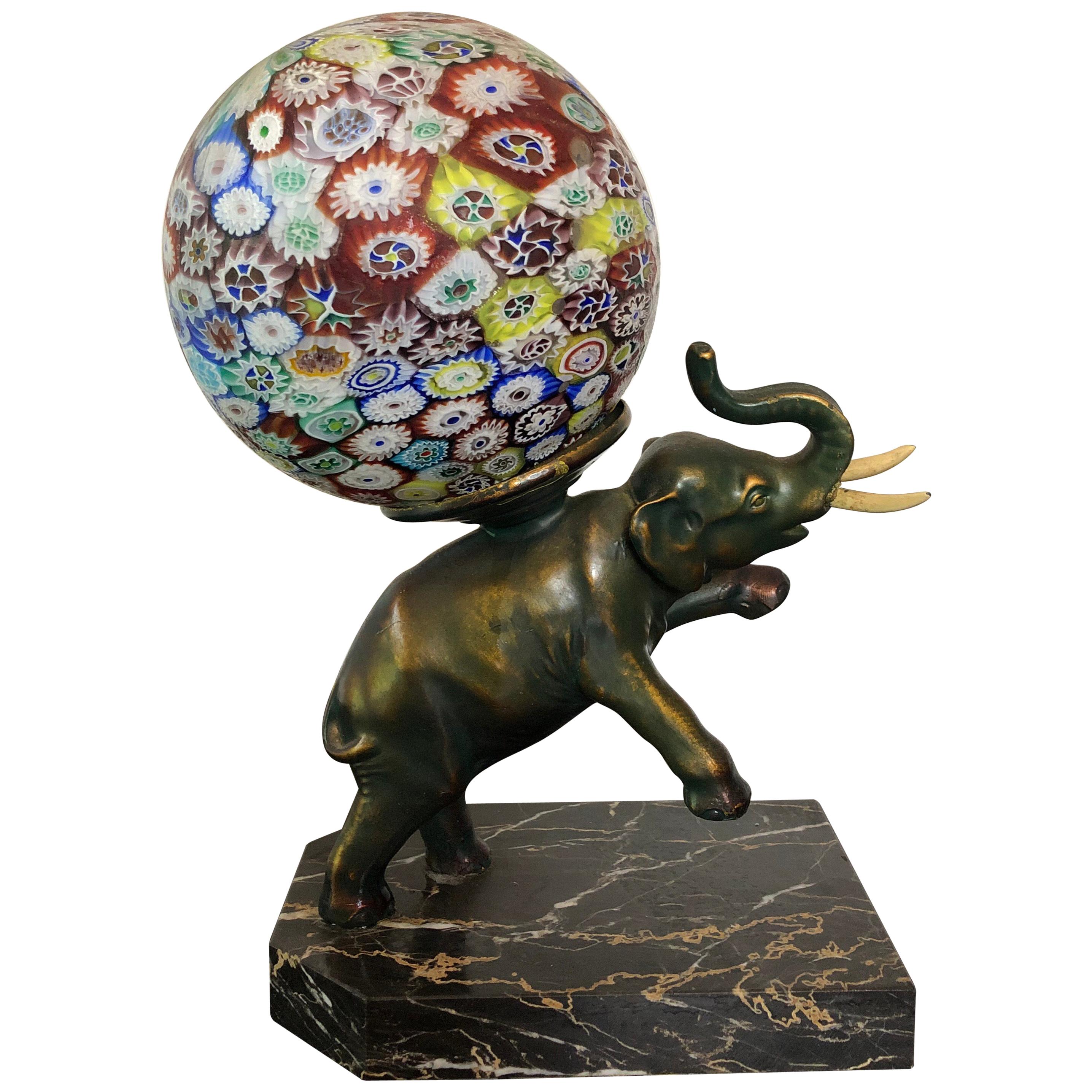 Art Deco Bronze Elephant Lamp with Murano Millefiori Globe