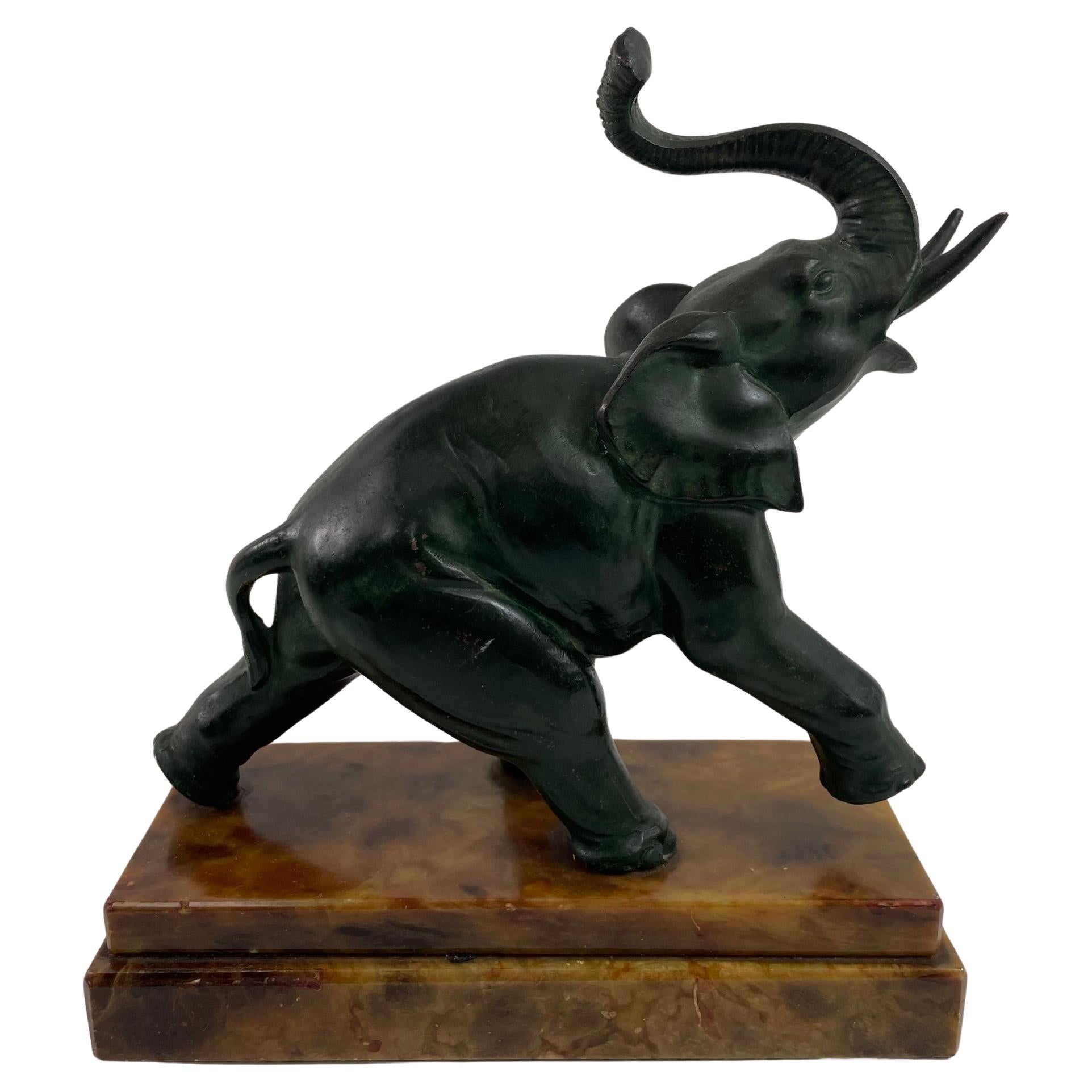 Art Deco Bronze Elephant Sculpture with Raised Trunk Made in Italy