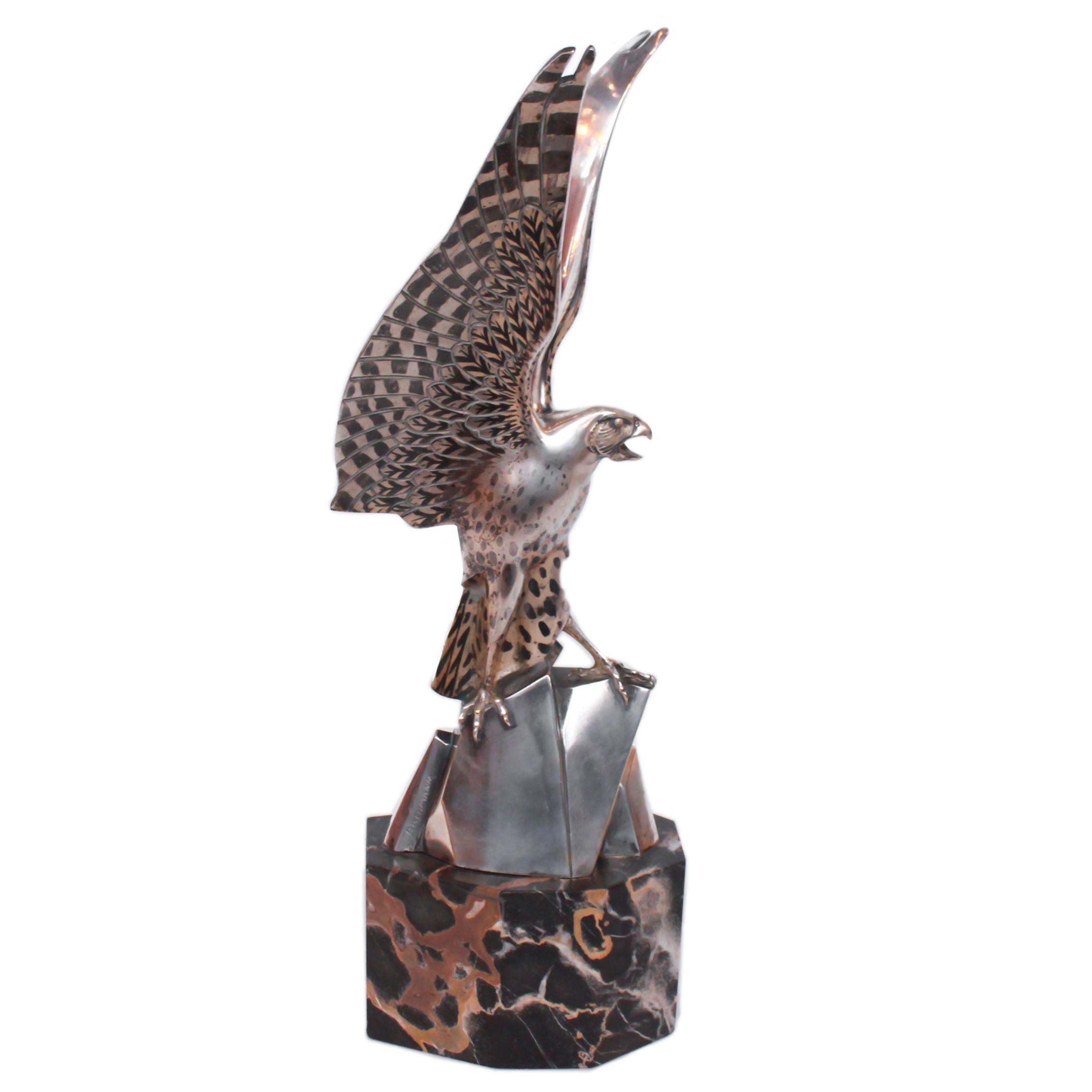 Art Deco Bronze Falcon Sculpture By Henri Rischmann Signed to Leg French 1920's In Good Condition In Forest Row, East Sussex