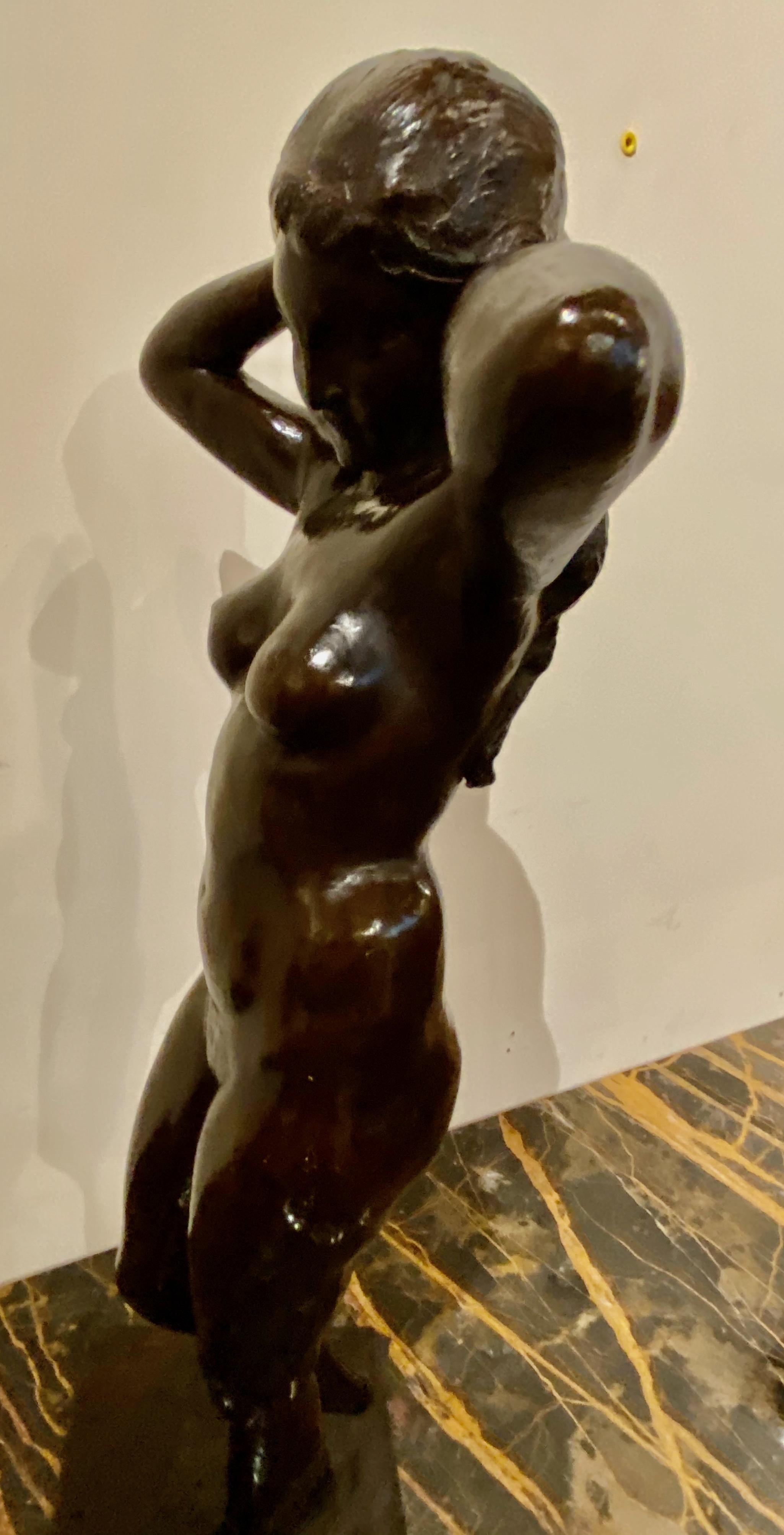 Art Deco Bronze Female Statue by Belgian Artist M. D'Haveloose In Good Condition For Sale In Oakland, CA