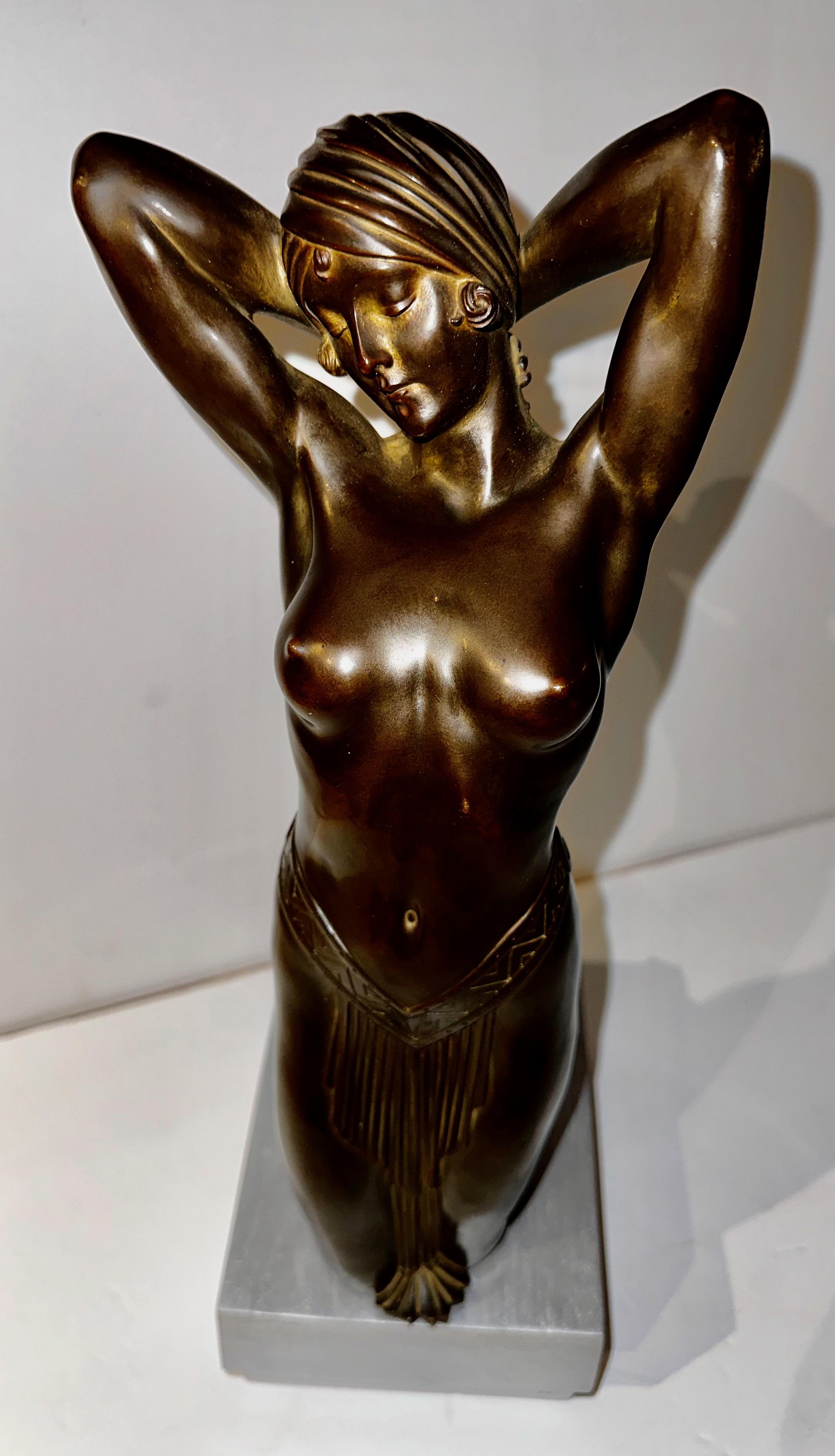 French Art Deco Bronze Female Statue Egyptian Inspired Headdress and Waist Treatment For Sale