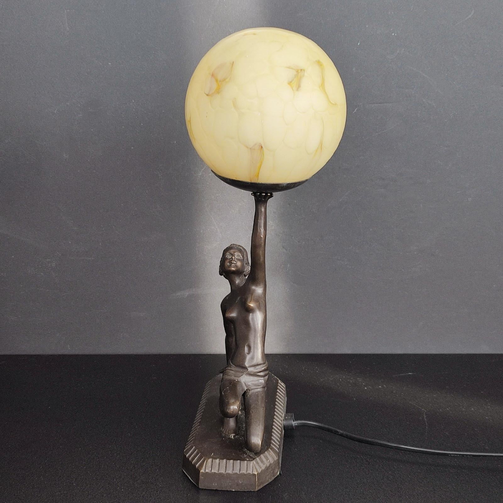 Art Deco Bronze Figural Table Lamp, Dancer with Ball, in the Style of Lorenzl For Sale 5